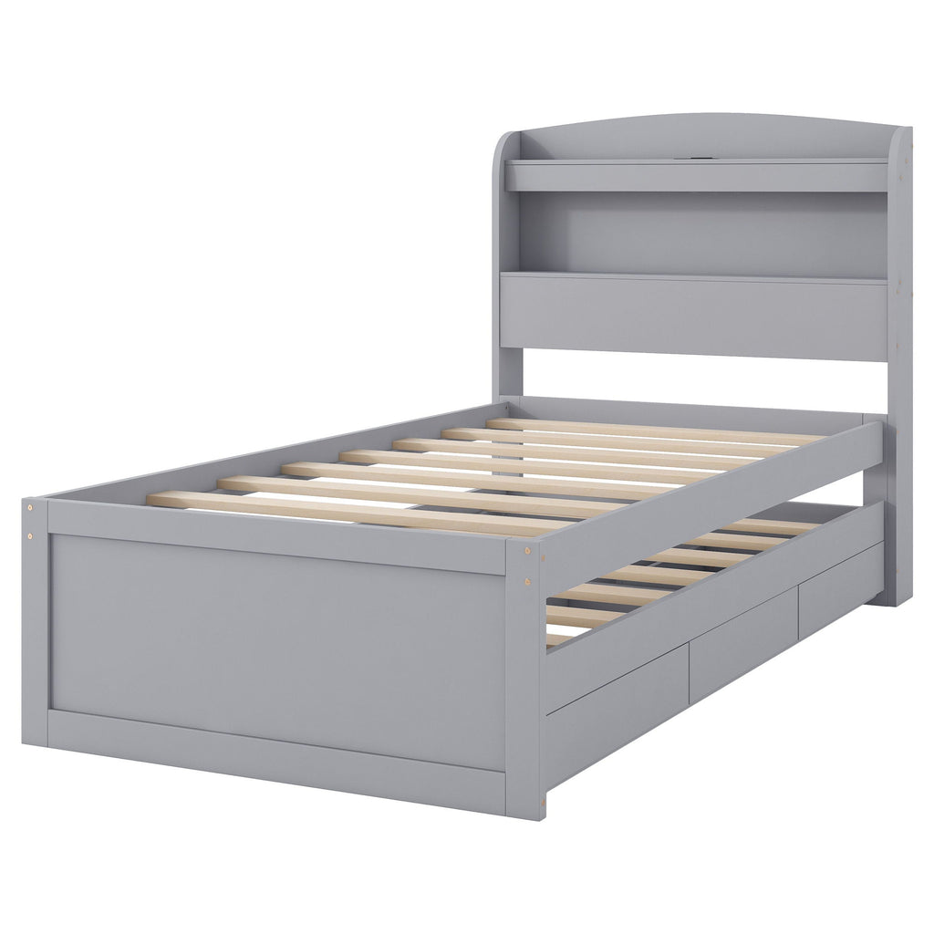 Platform Bed With LED Headboard, Charging Station, Trundle And 2 Drawers