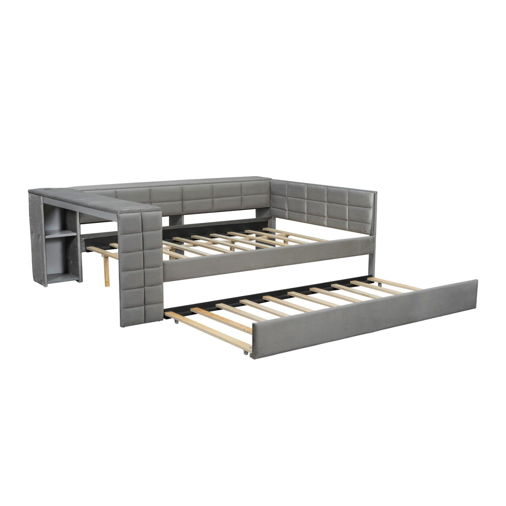 Upholstered Platform Bed With Storage Shelves, Desk, Charging Station And Trundle