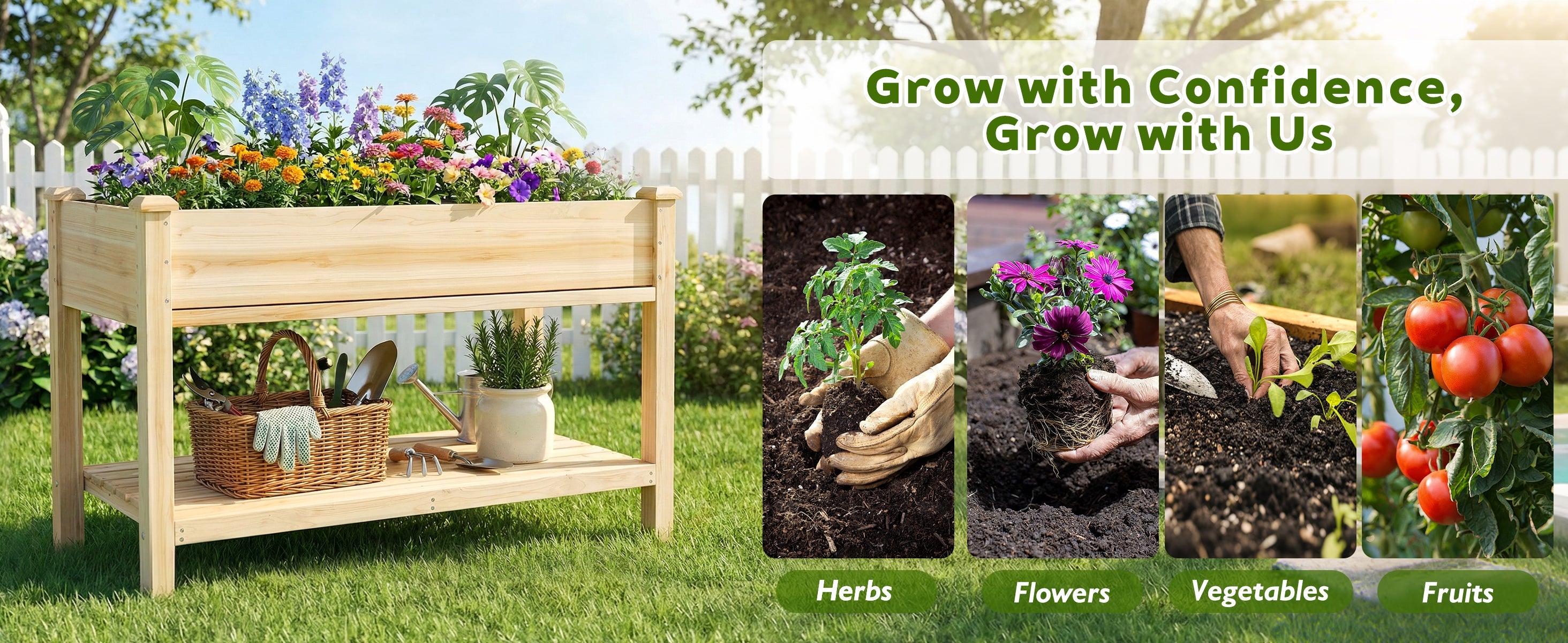 Raised Garden Bed with Water Collection Tray and Storage Shelf