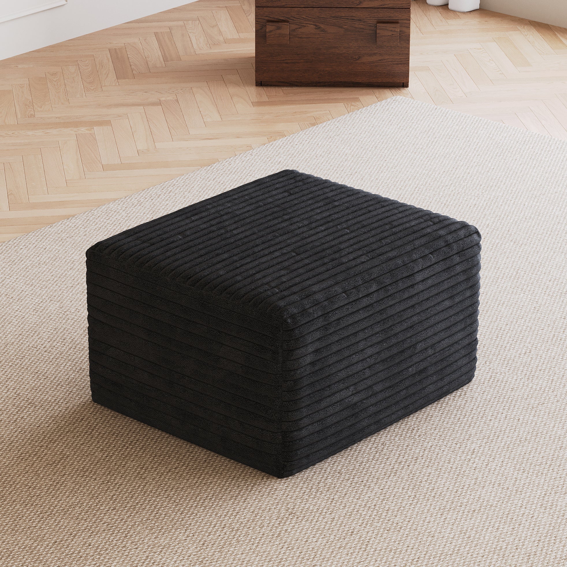 Black Plush Corduroy Sofa Ottoman - No Assembly Required