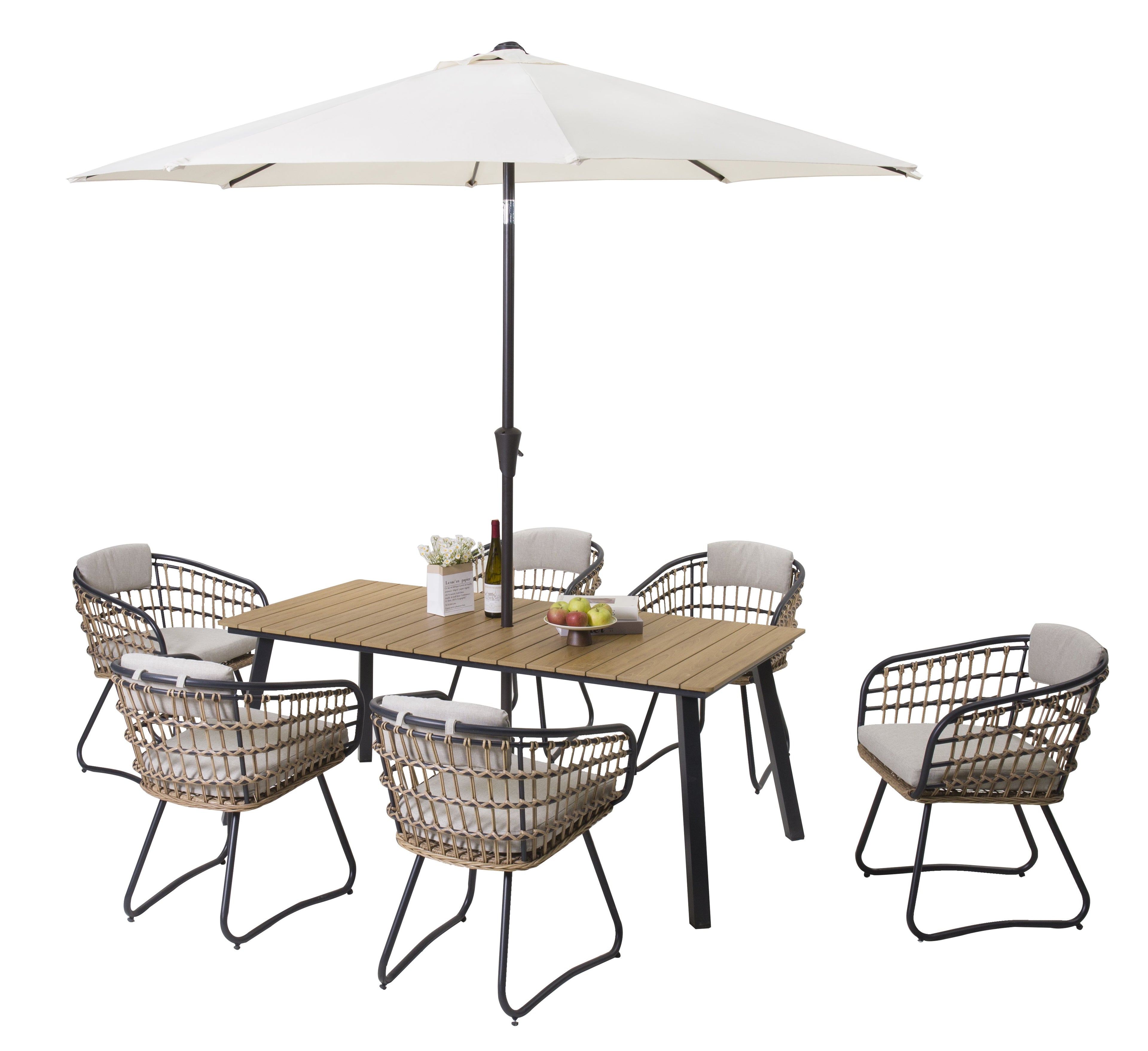 7-Piece Outdoor Wicker Dining Set with Wood-Plastic Composite Board Table