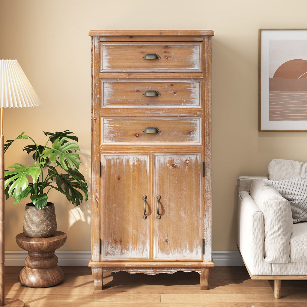 Rustic Wooden Storage Cabinet with Decorative Cutout Door & 3 Drawers