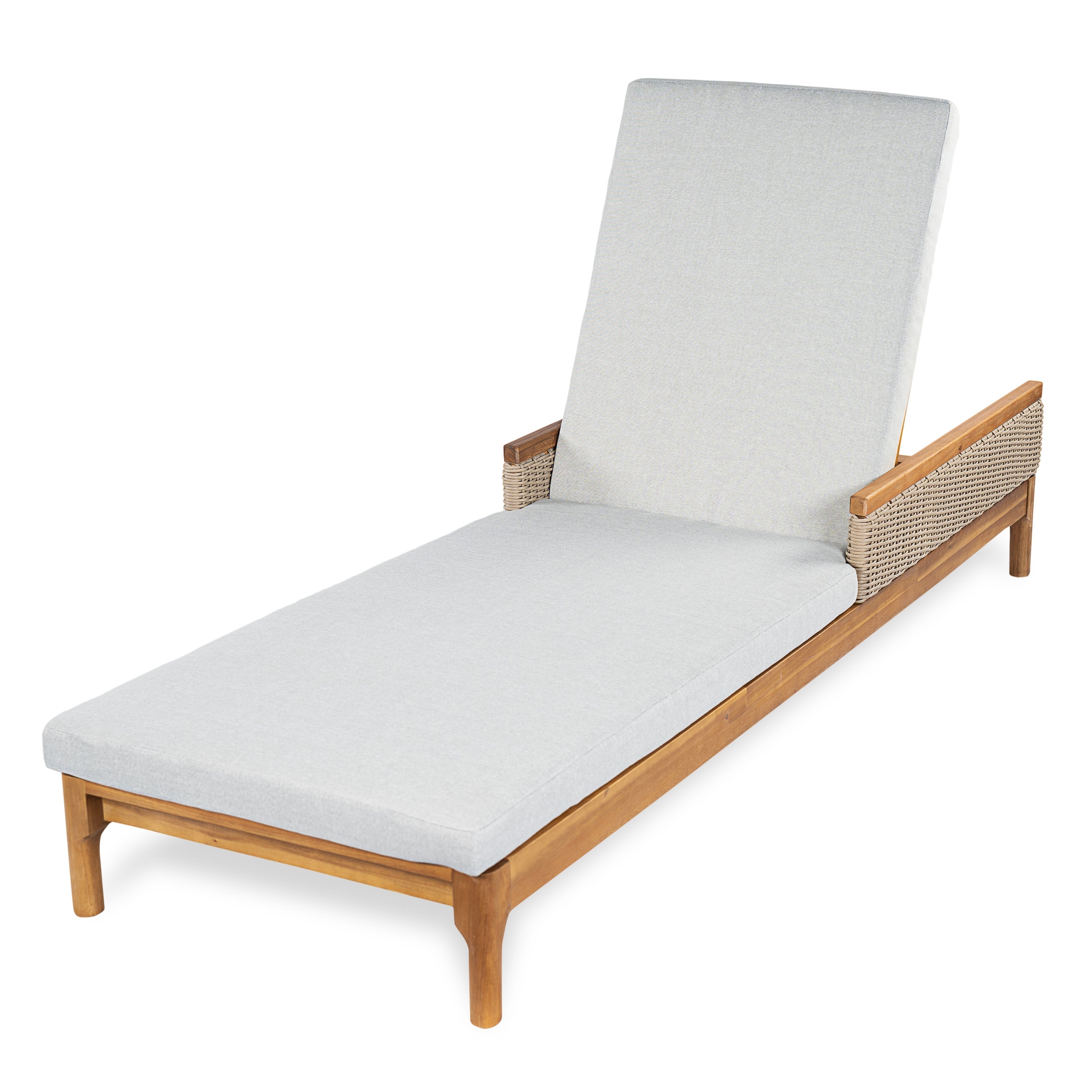 Solid Acacia Wood Sun Lounger with Grey Cushions and Light Grey Wicker