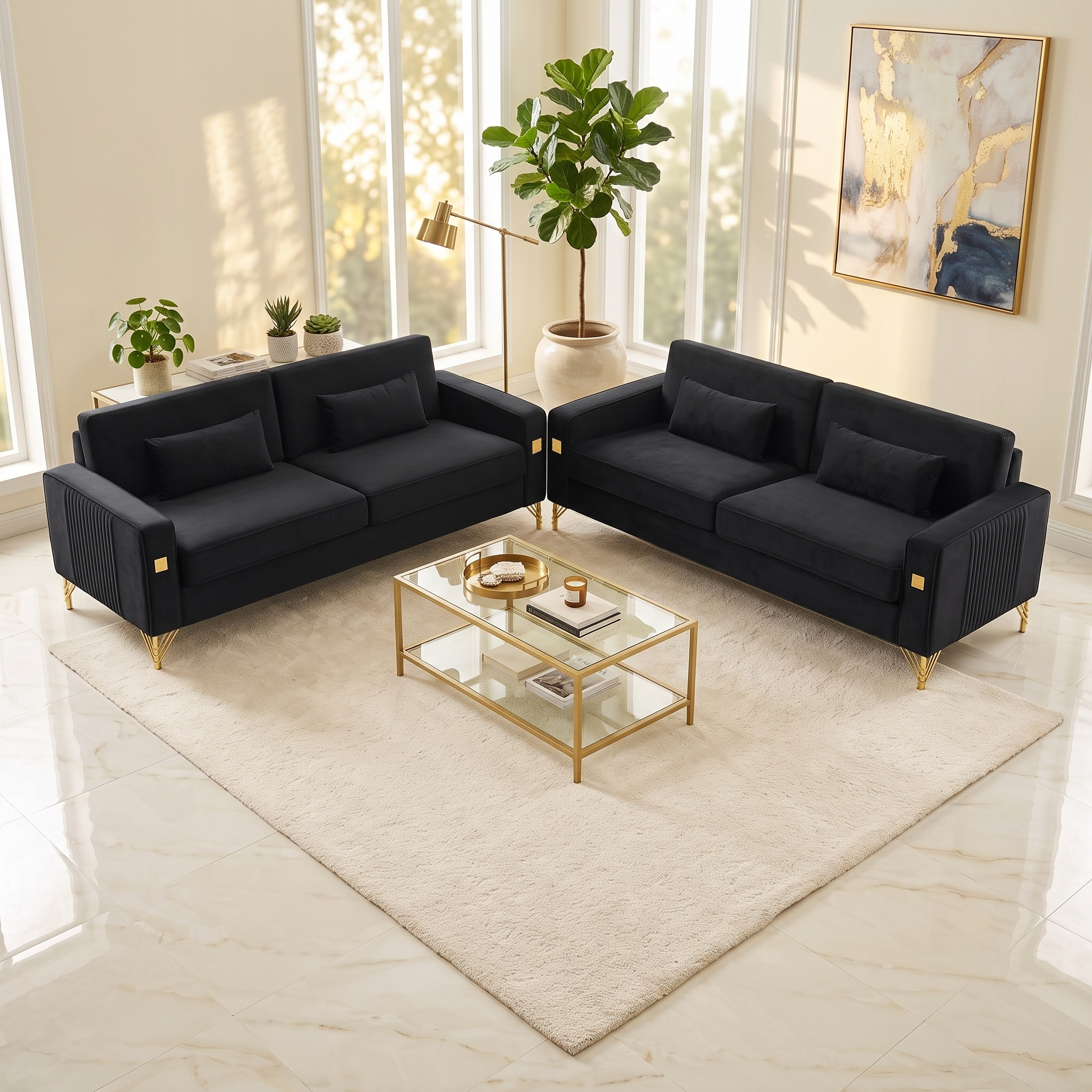 Black Velvet 2-Piece Sofa Set