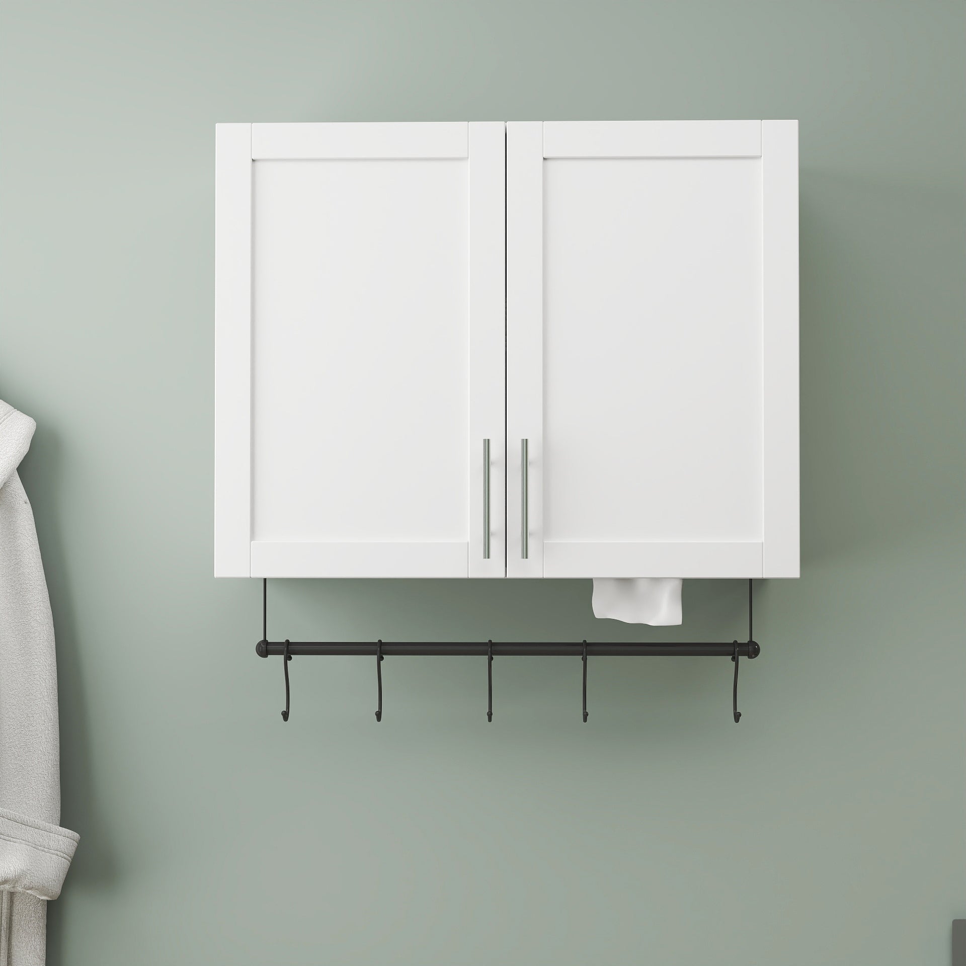 Bathroom Wall Cabinet with Adjustable Shelf, Towel Bar, and 5 Hooks