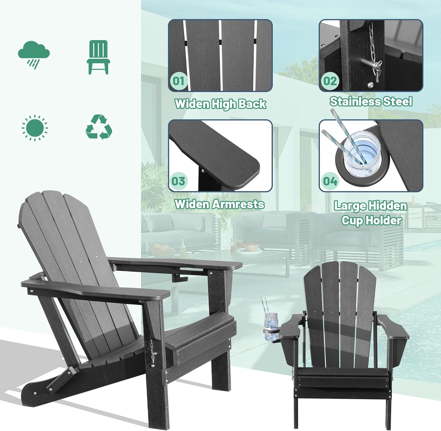 Adirondack Chairs Set of 2 - Plastic HDPE with Cup Holder