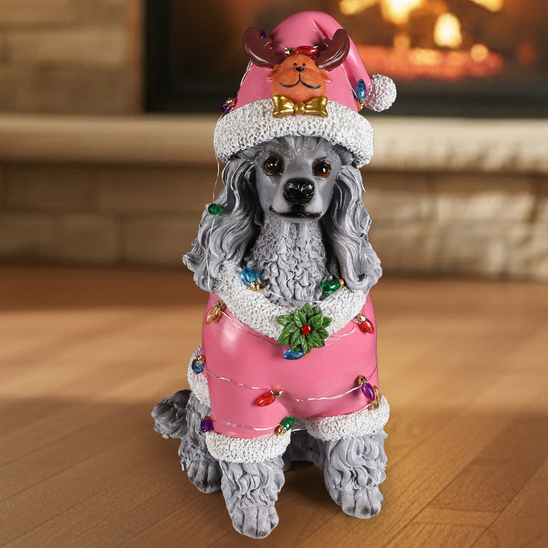 Christmas Poodle Statue, Holiday Dog Figurine