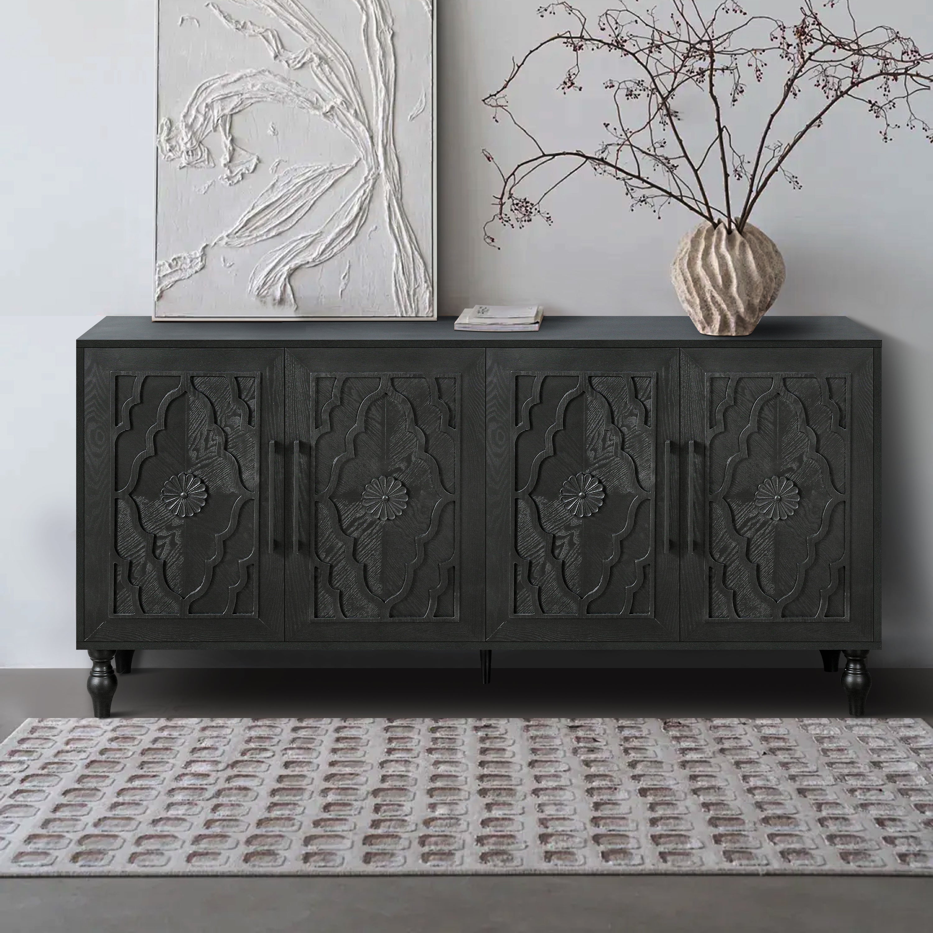 Carved Flower Door Large Storage Cabinet with Metal Handle