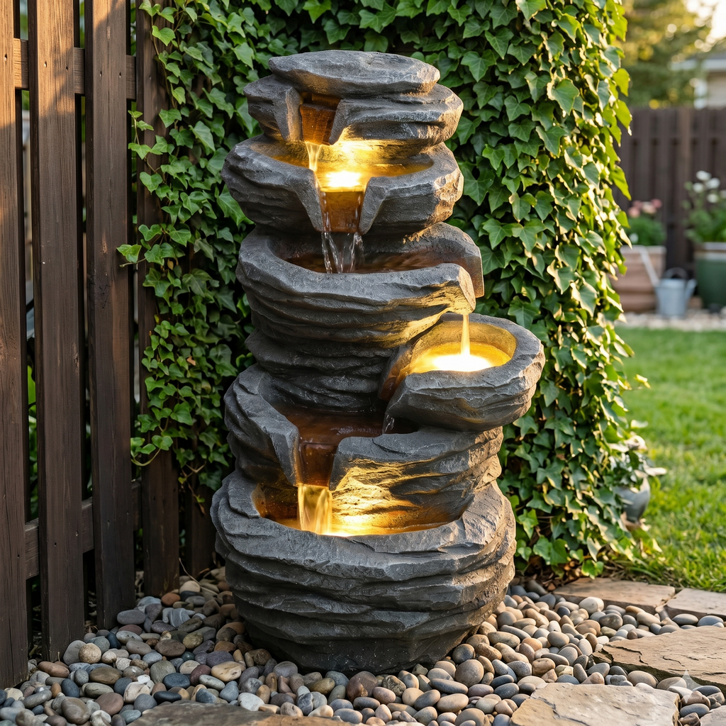 Outdoor Waterfall Fountain with Lights