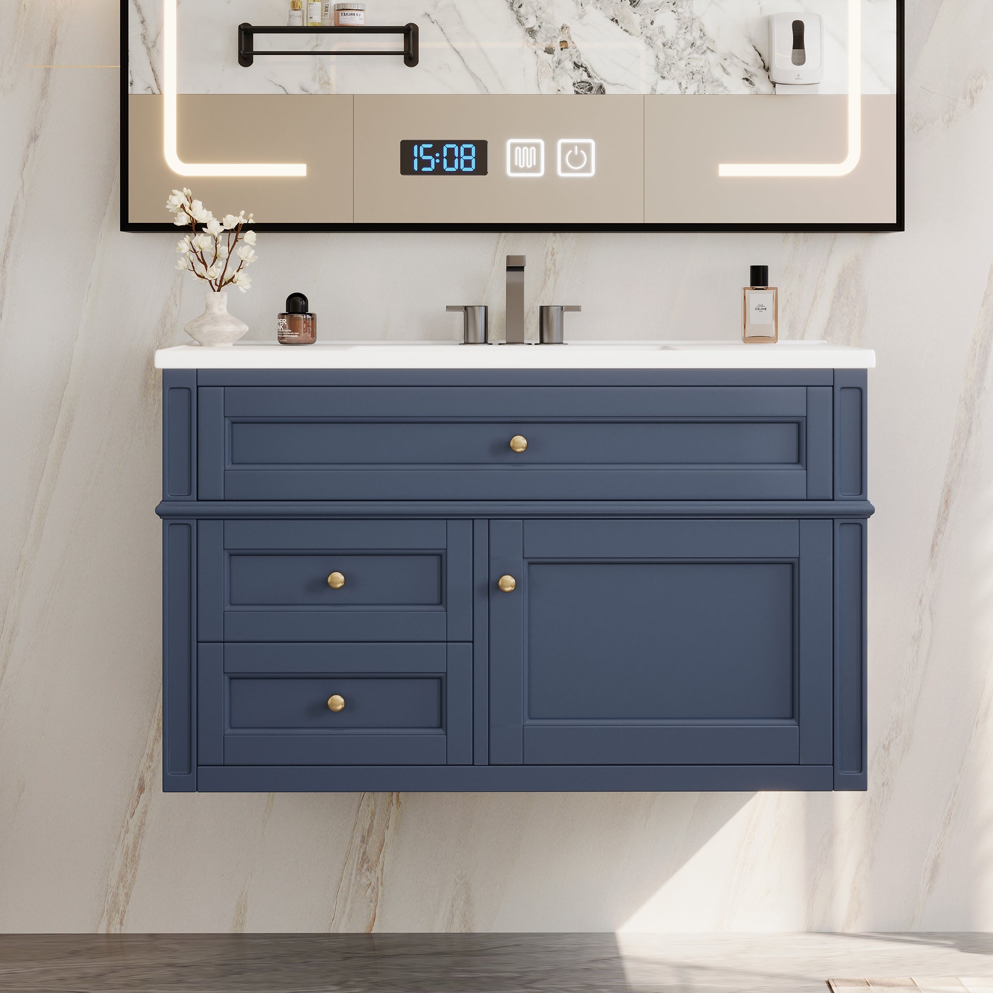 36" Wall Mounted Bathroom Vanity with Ceramic Sink and Storage