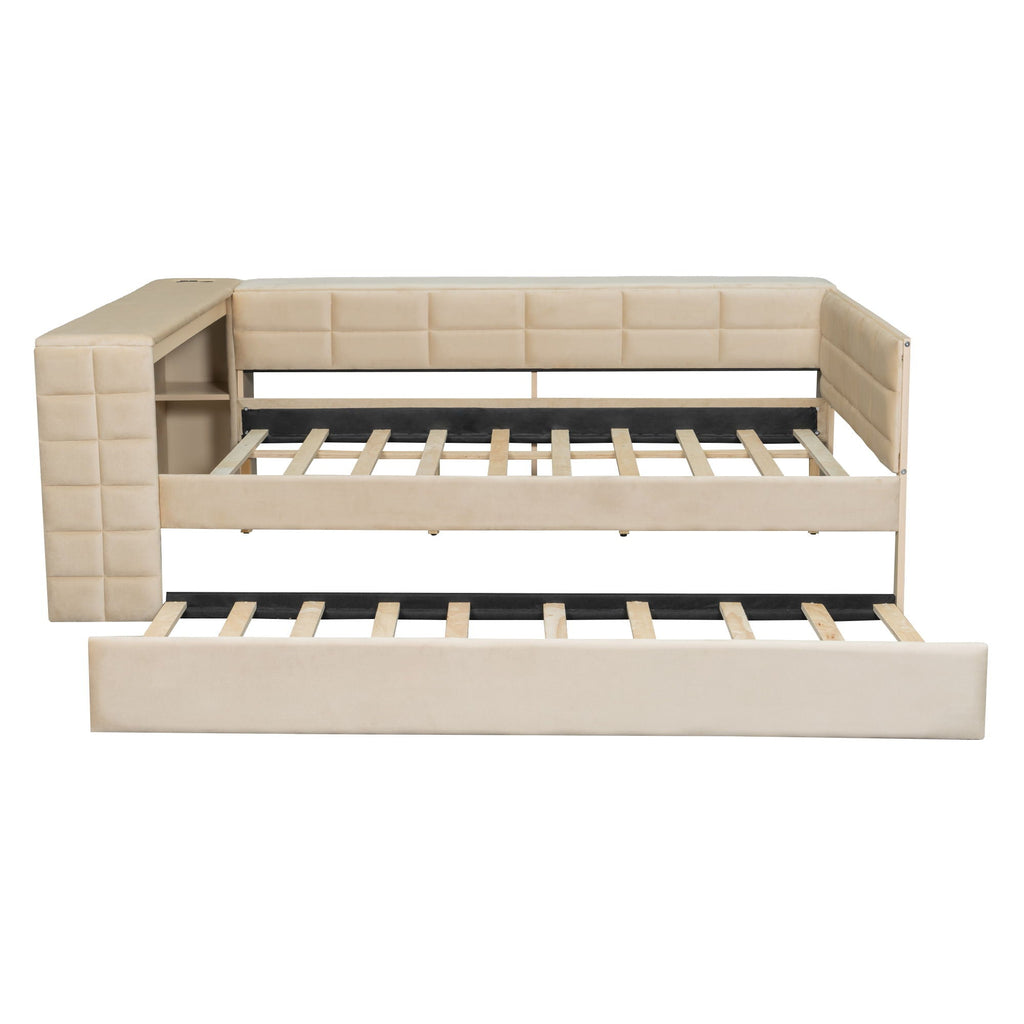 Upholstered Platform Bed With Storage Shelves, Desk, Charging Station And Trundle