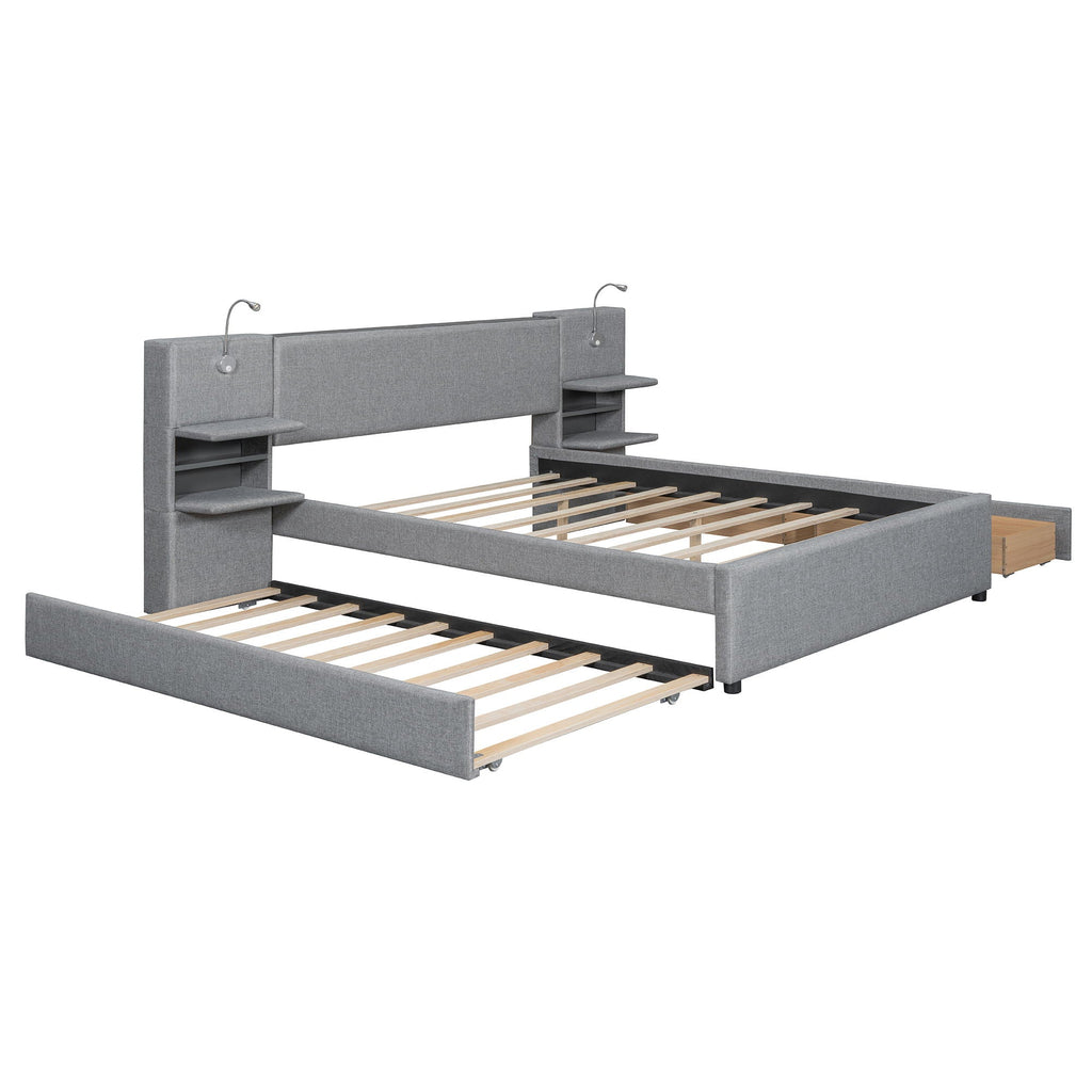 Upholstered Platform Bed With Reading Lights, Drawers, Trundle And Shelves