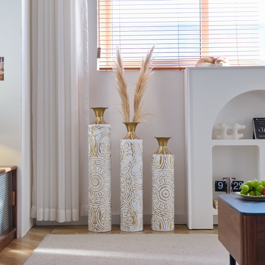 Floor Metal Vases Decorated Metal Vases (Set of 3) Gorgeous Home Decoration Large Glazed Metal Vases - White / Gold
