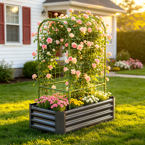2-in-1 Raised Garden Bed with Trellis - 4x2x1 Ft Outdoor Planter