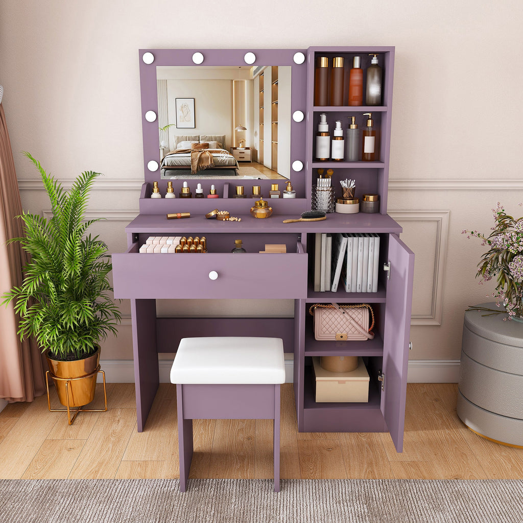 Stylish Vanity Desk Set with Padded Stool & Adjustable Lighted Mirror