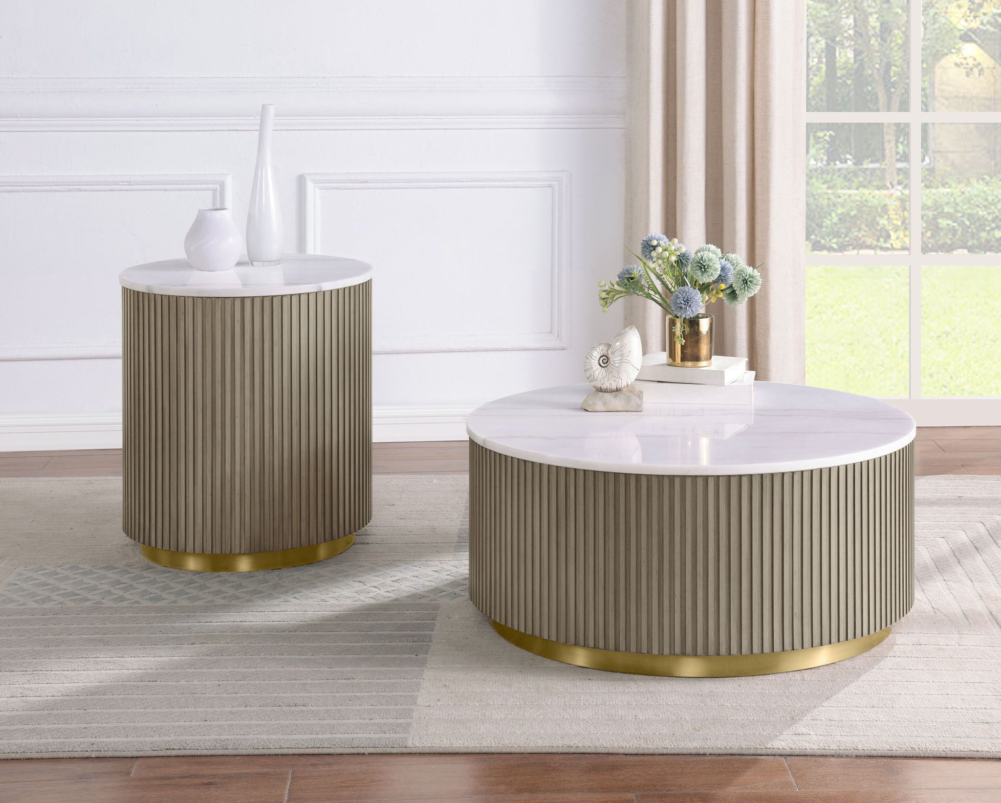 Jason 2-piece Round White Marble Coffee Table Set Greige