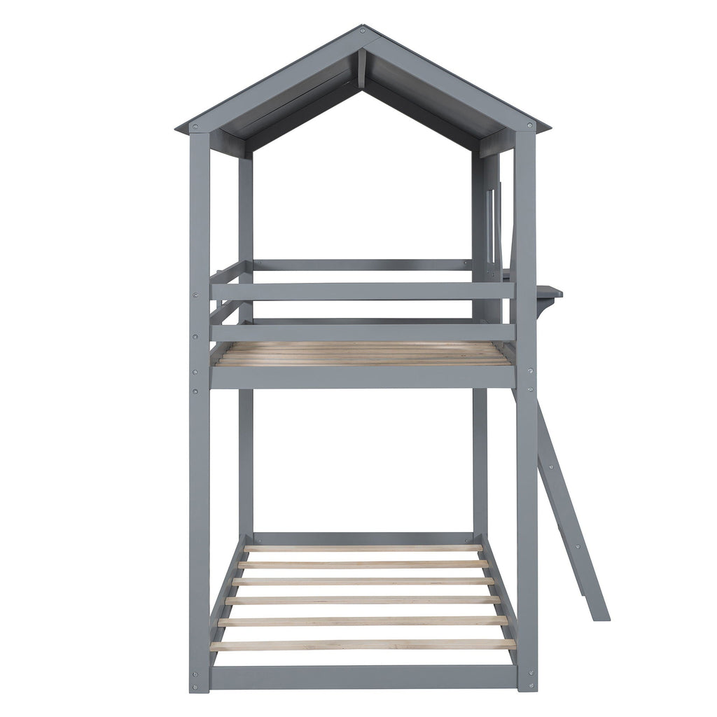 Twin Over Twin Bunk Bed With Roof, Window, Guardrail, Ladder