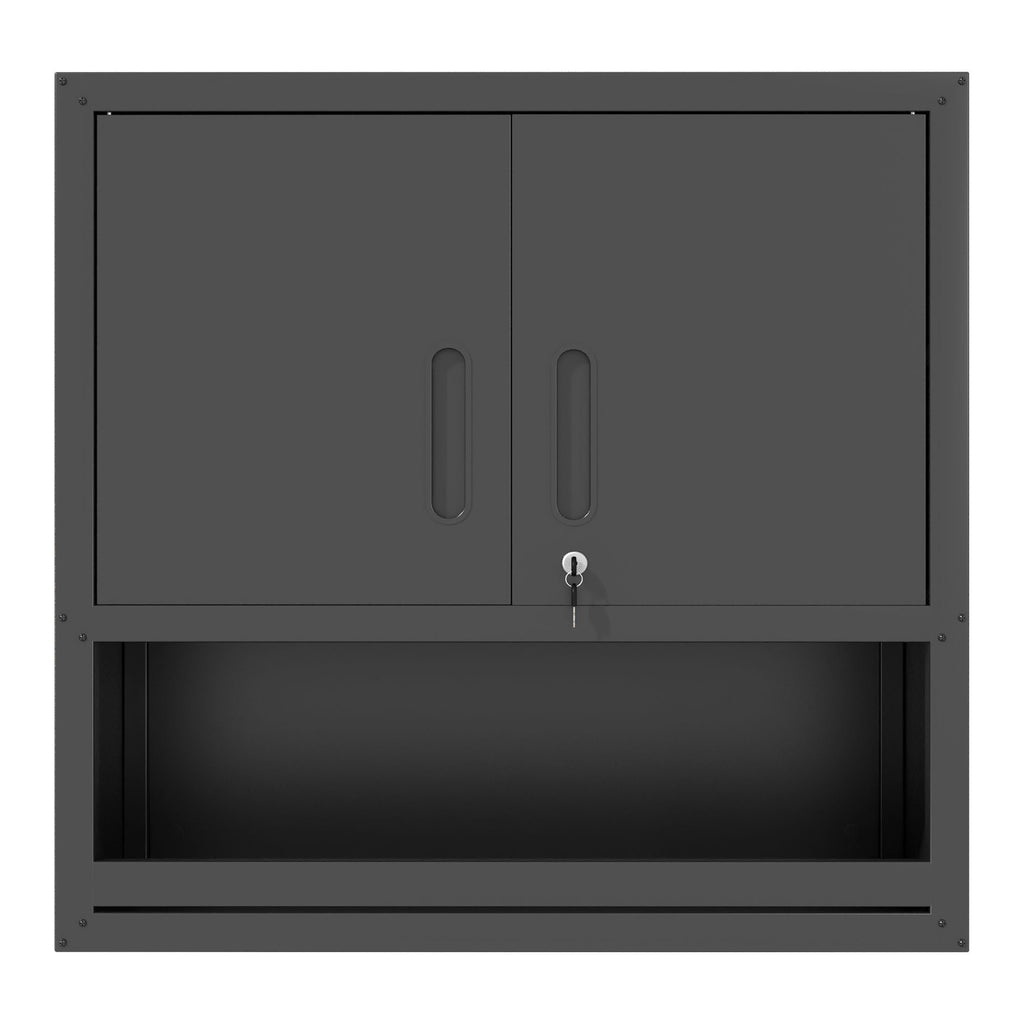 Wall-Mounted Storage Cabinet With Locking Door, 1 Shelf And Open Drawer - Black