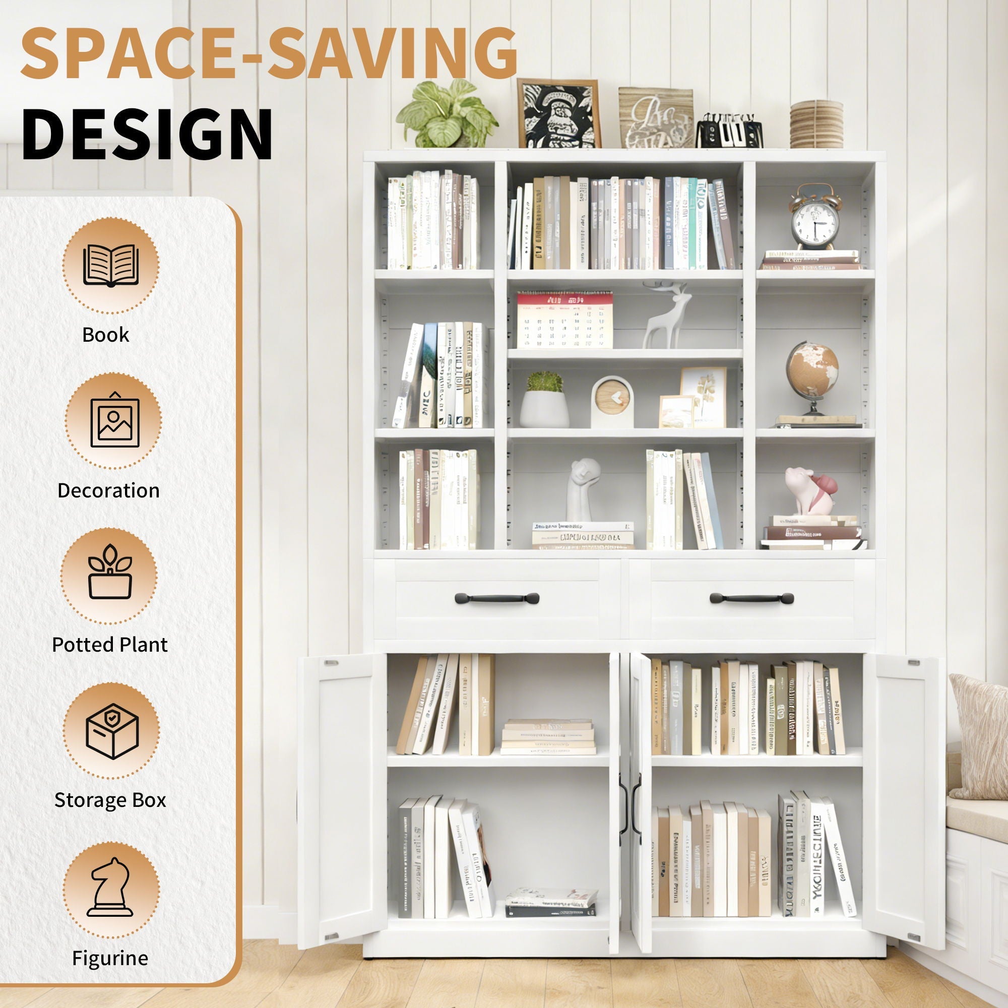 Industrial Bookcase Tall With Adjustable Shelves, Drawers & Doors