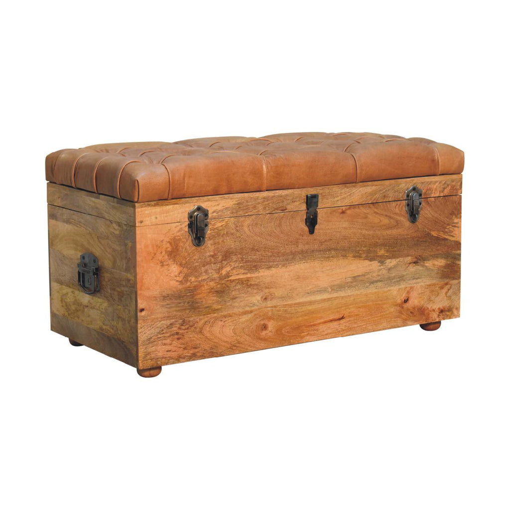 Solid Wood Buffalo Hide Oak-ish Storage Trunk, Leather Upholstered