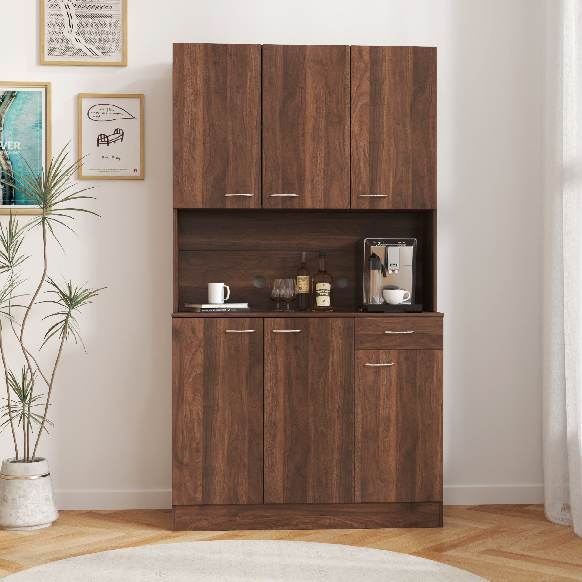 70.87" Tall Wardrobe & Kitchen Cabinet with 6 Doors, Drawer, and Open Shelf