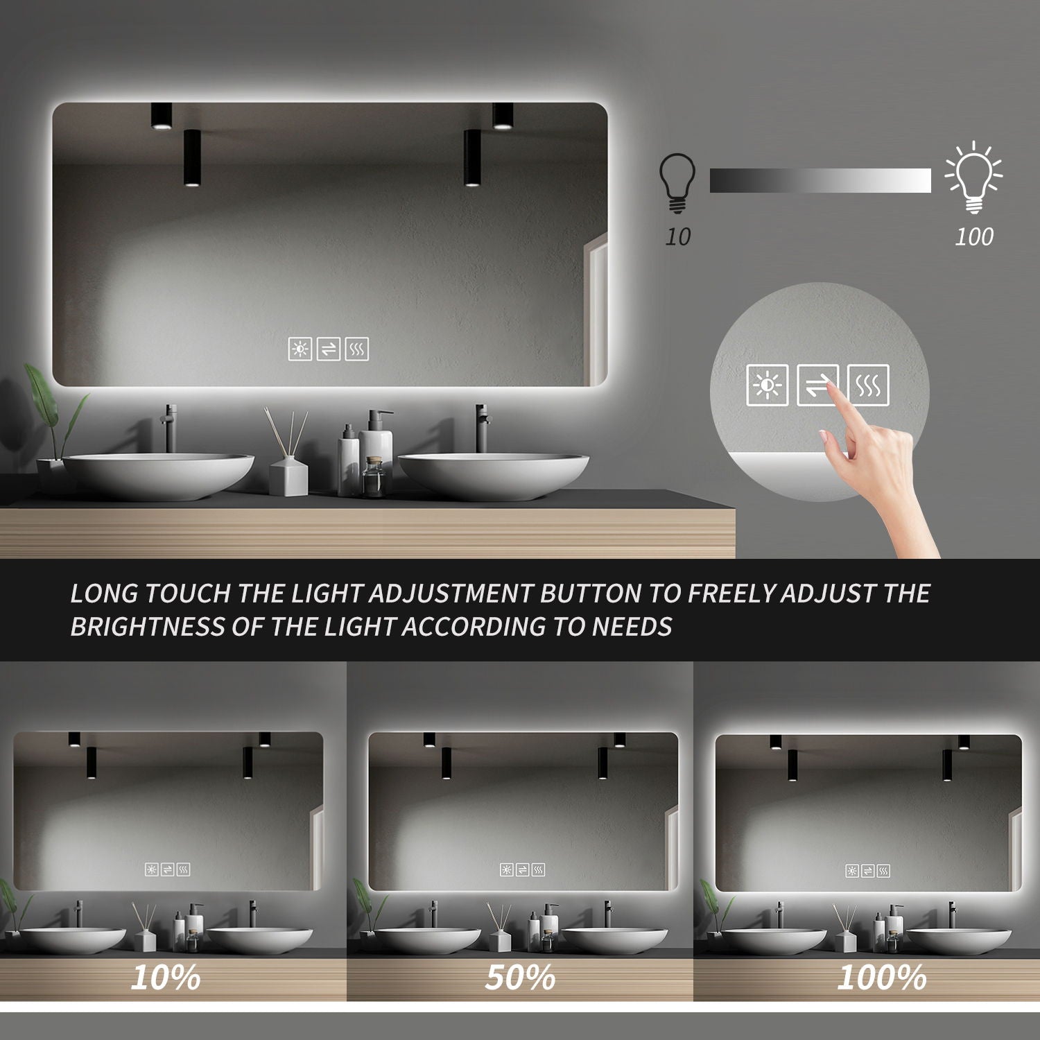 Wall Mounted Bathroom Full Length Makeup Mirror With 3 Color Lighting - Clear