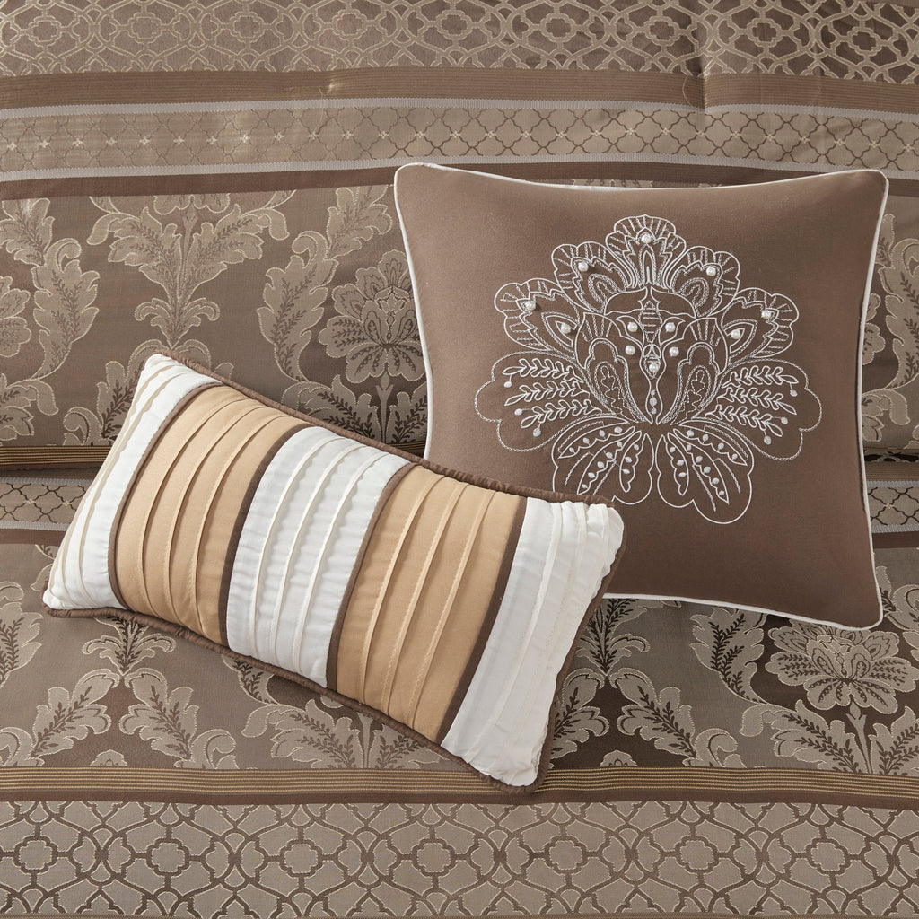 7 Piece Jacquard Comforter Set Brown/Gold Queen