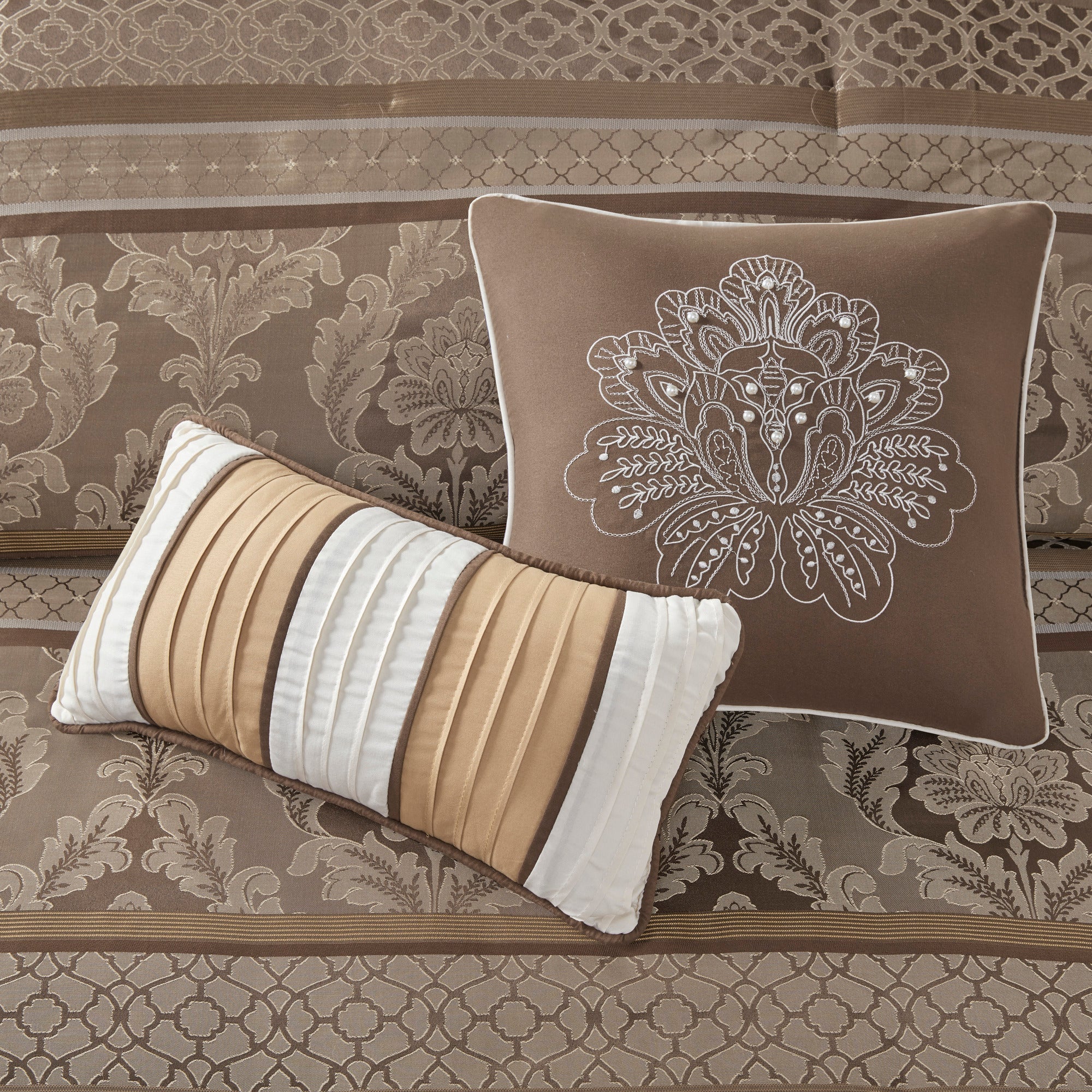 7 Piece Jacquard Comforter Set Brown/Gold Queen
