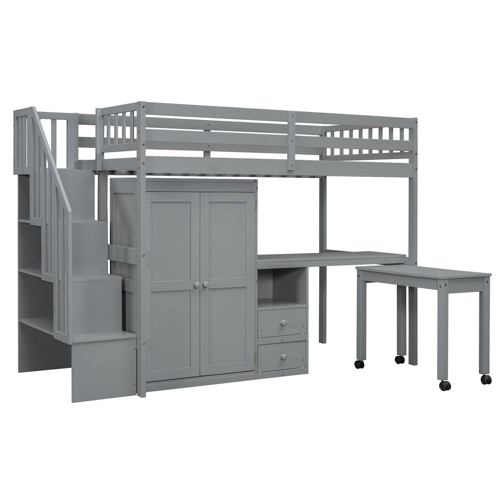 Loft Bed With Stairs, Bookshelf, Drawers, Desk & Wardrobe, Space Saving Multifunctional Furniture