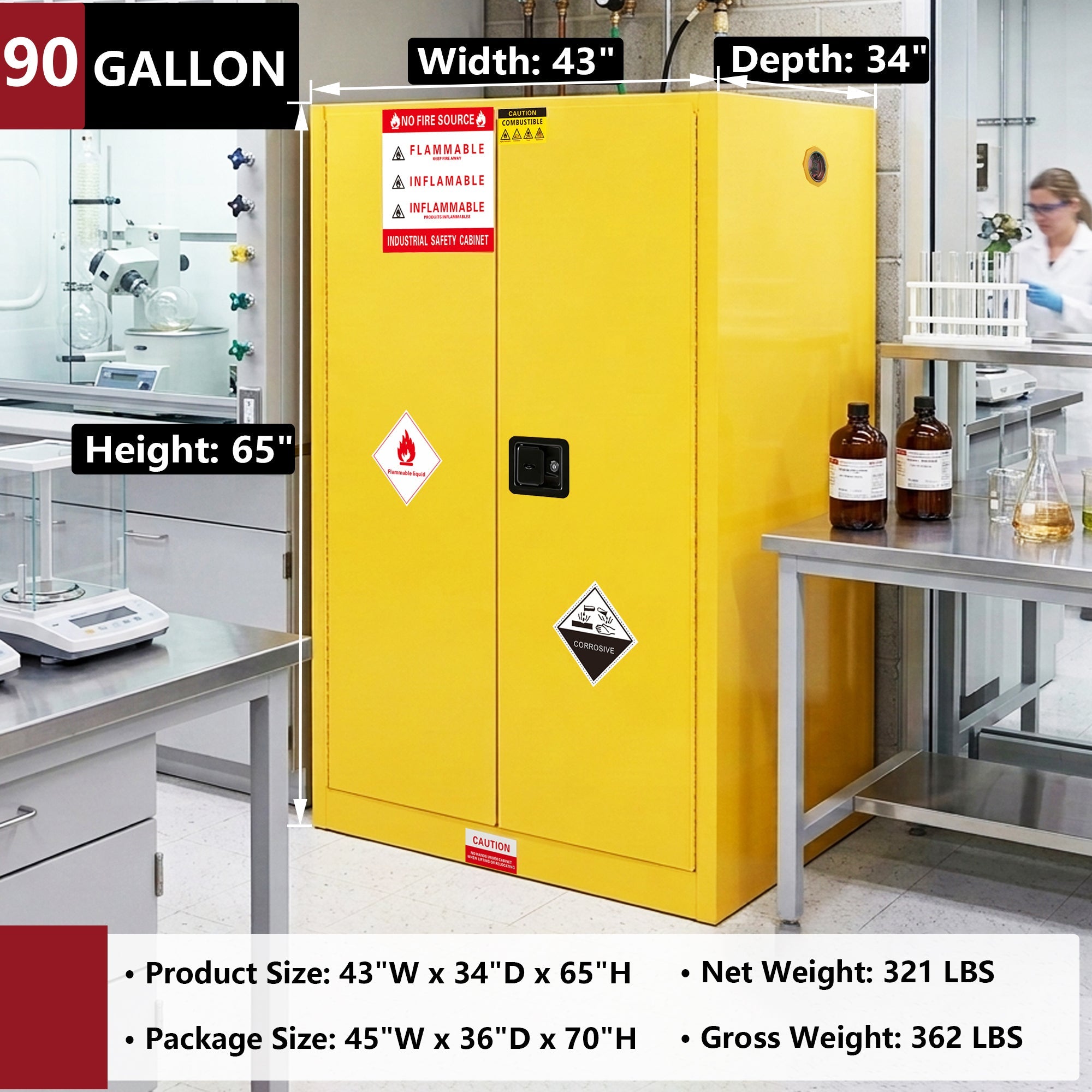 90 Gal Flammable Safety Cabinet, 43"W x 34"D x 65"H