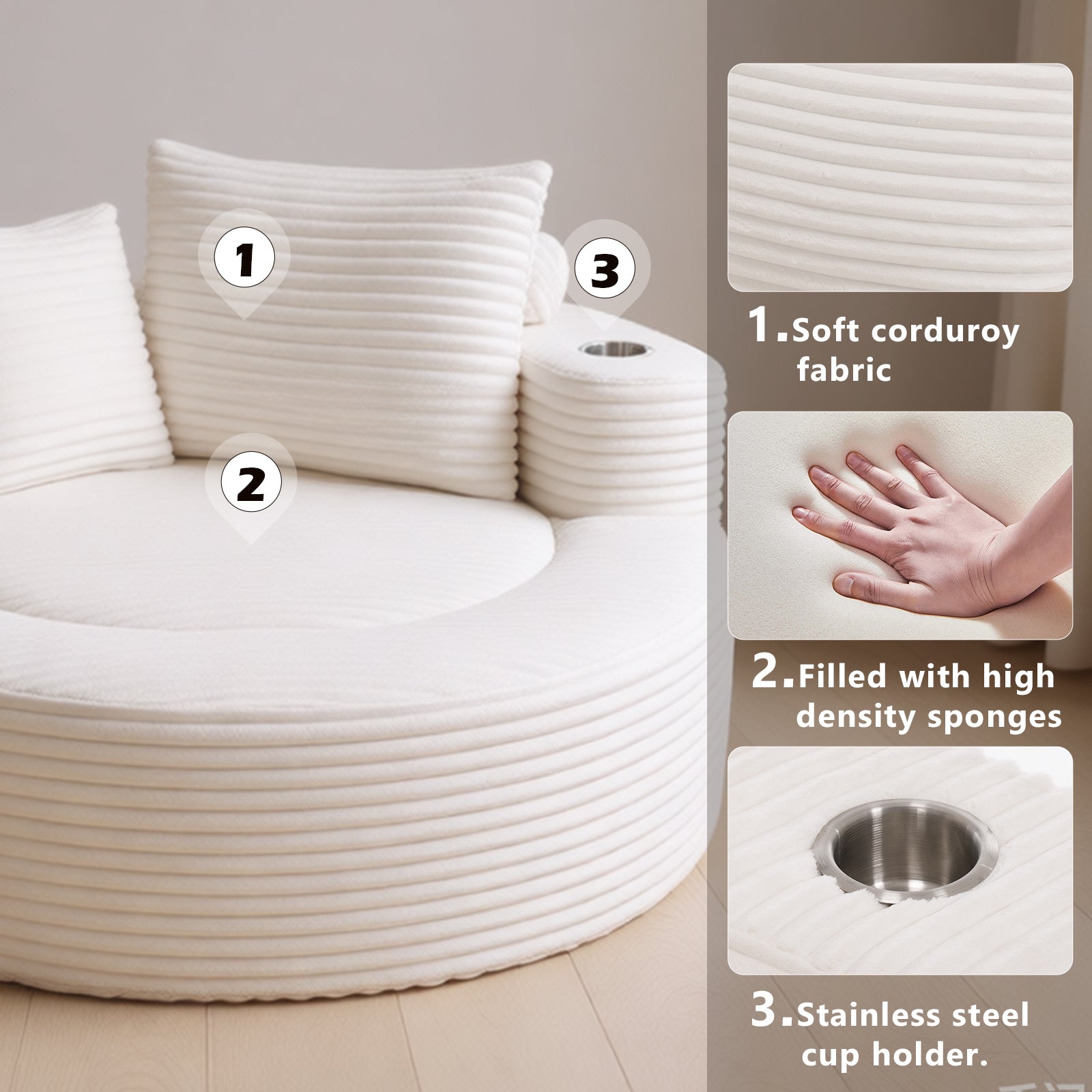 Round Sofa Bed with Memory Foam Sectional Couches for Living Room