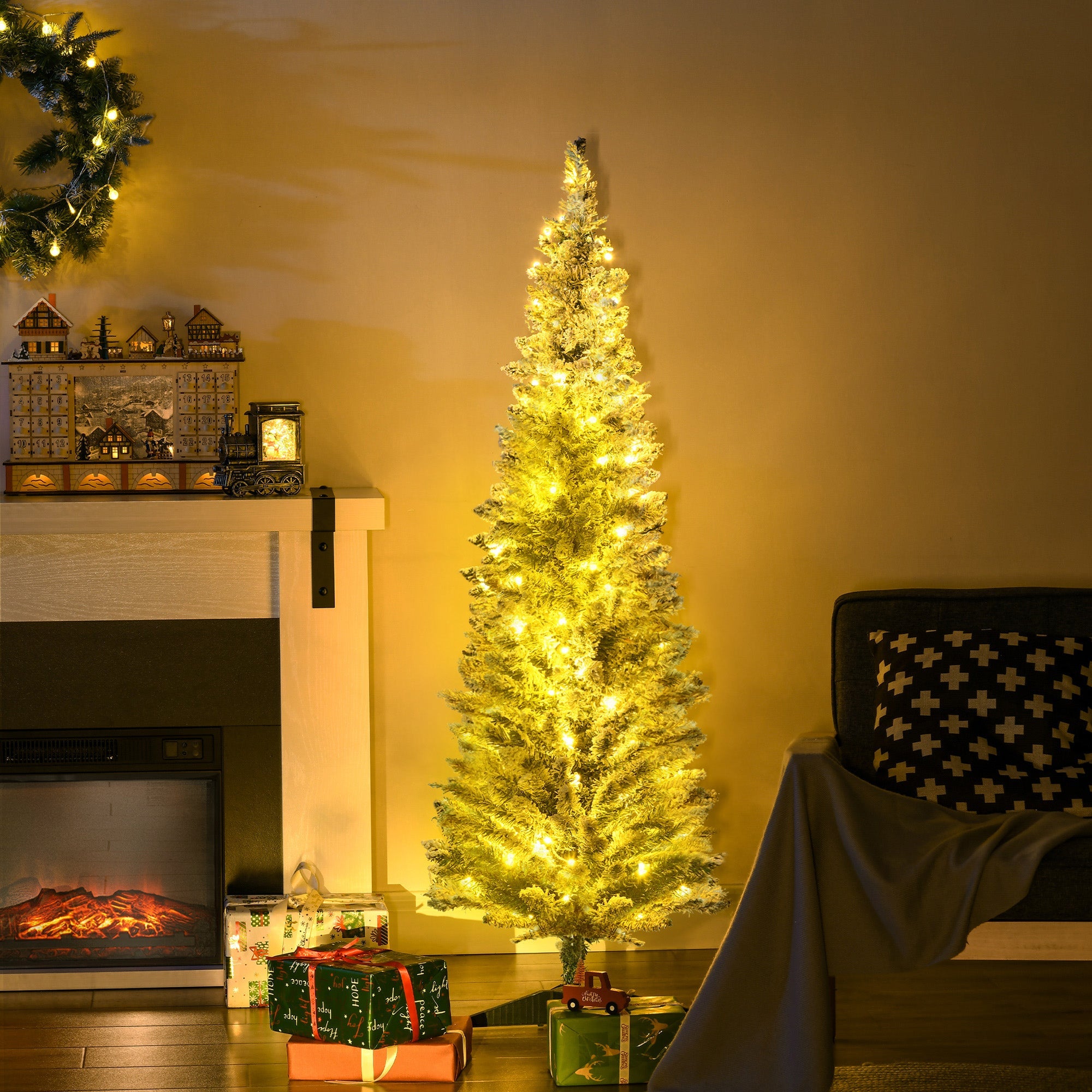 HOMCOM 5' Tall Pre-Lit Slim Noble Fir Artificial Christmas Tree