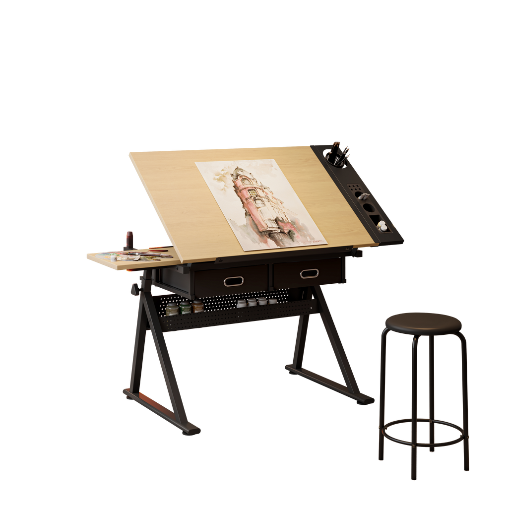 Adjustable Drawing Drafting Table Desk With 2 Drawers - Maple