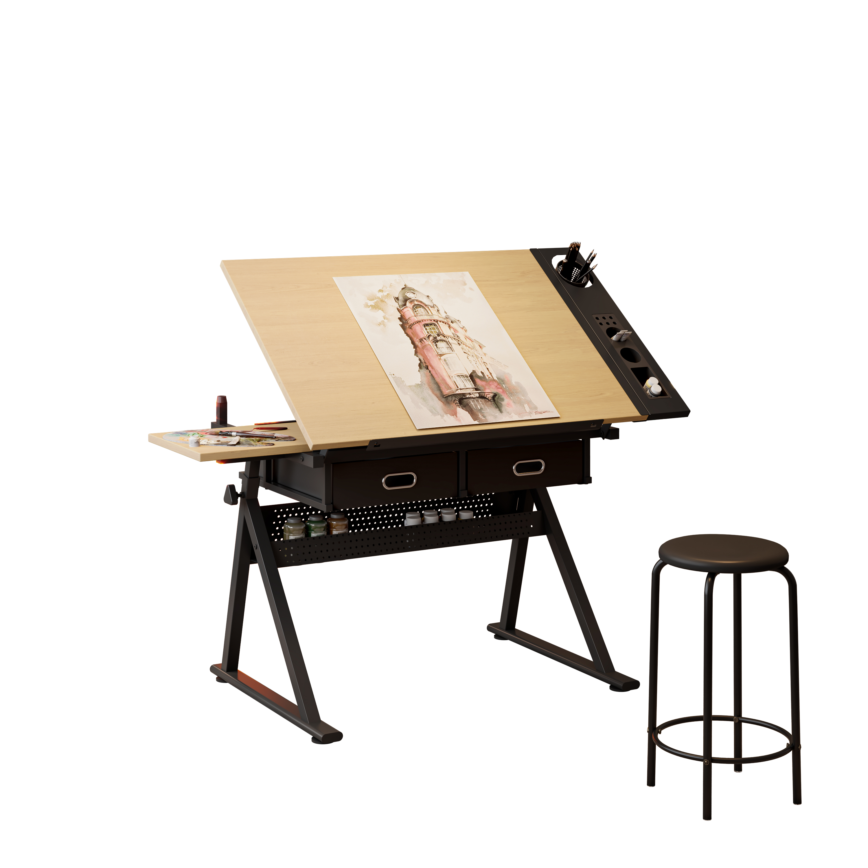 Adjustable Drawing Drafting Table Desk With 2 Drawers - Maple