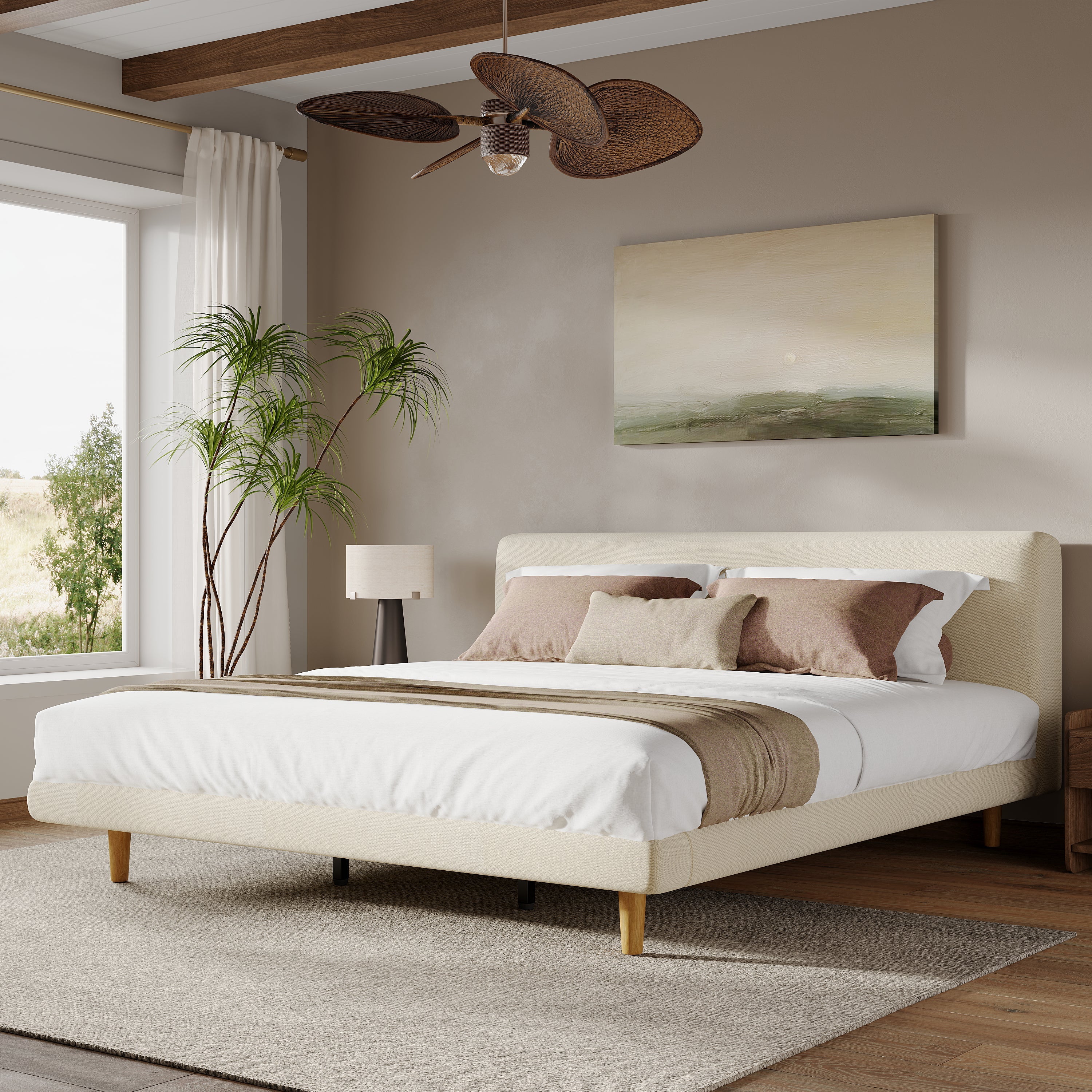 Beige Chunky Headboard Bed Frame with Solid Rubberwood Legs, Cal-King
