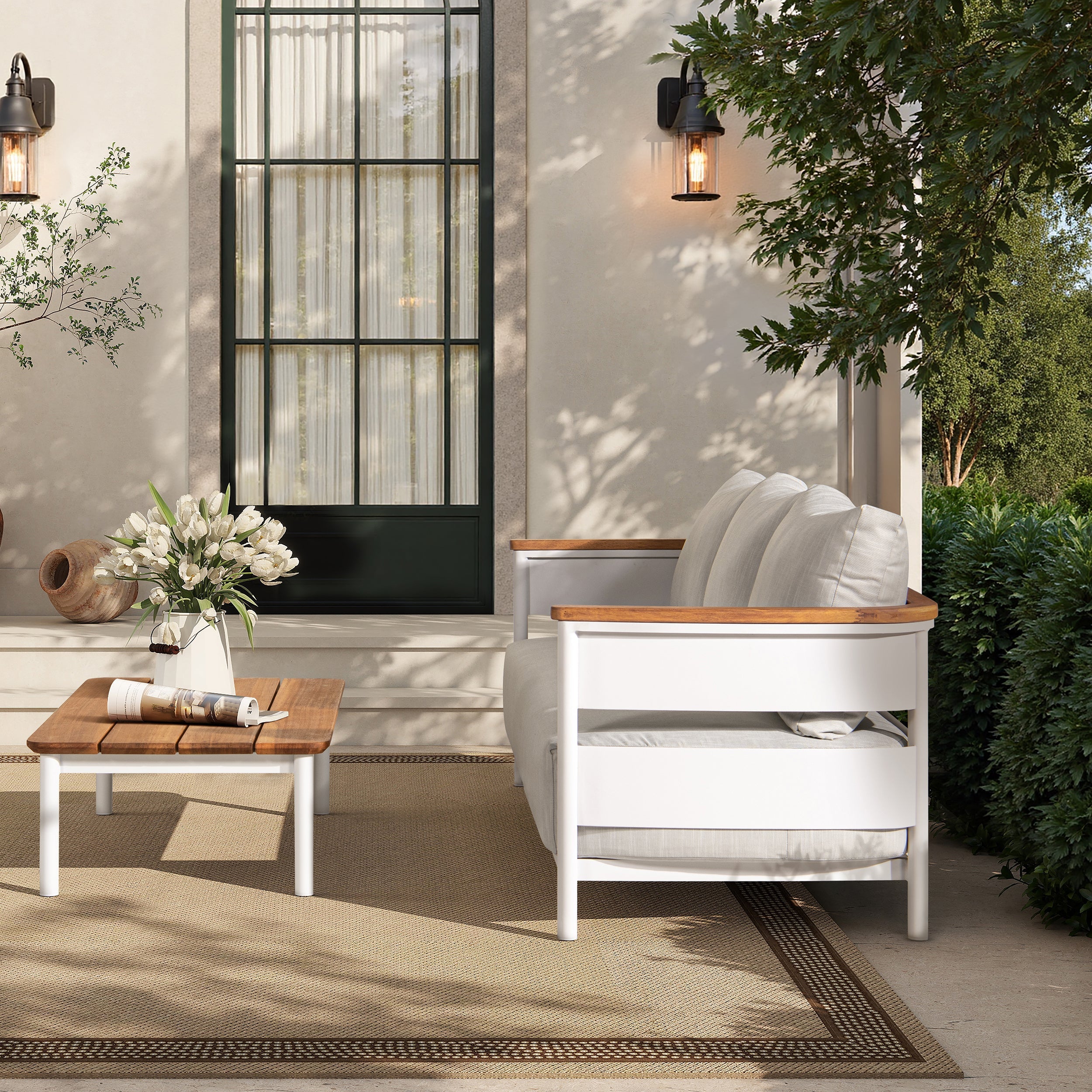 Rhodes 2pc Teak & Aluminum Outdoor Sofa and Coffee Table Set