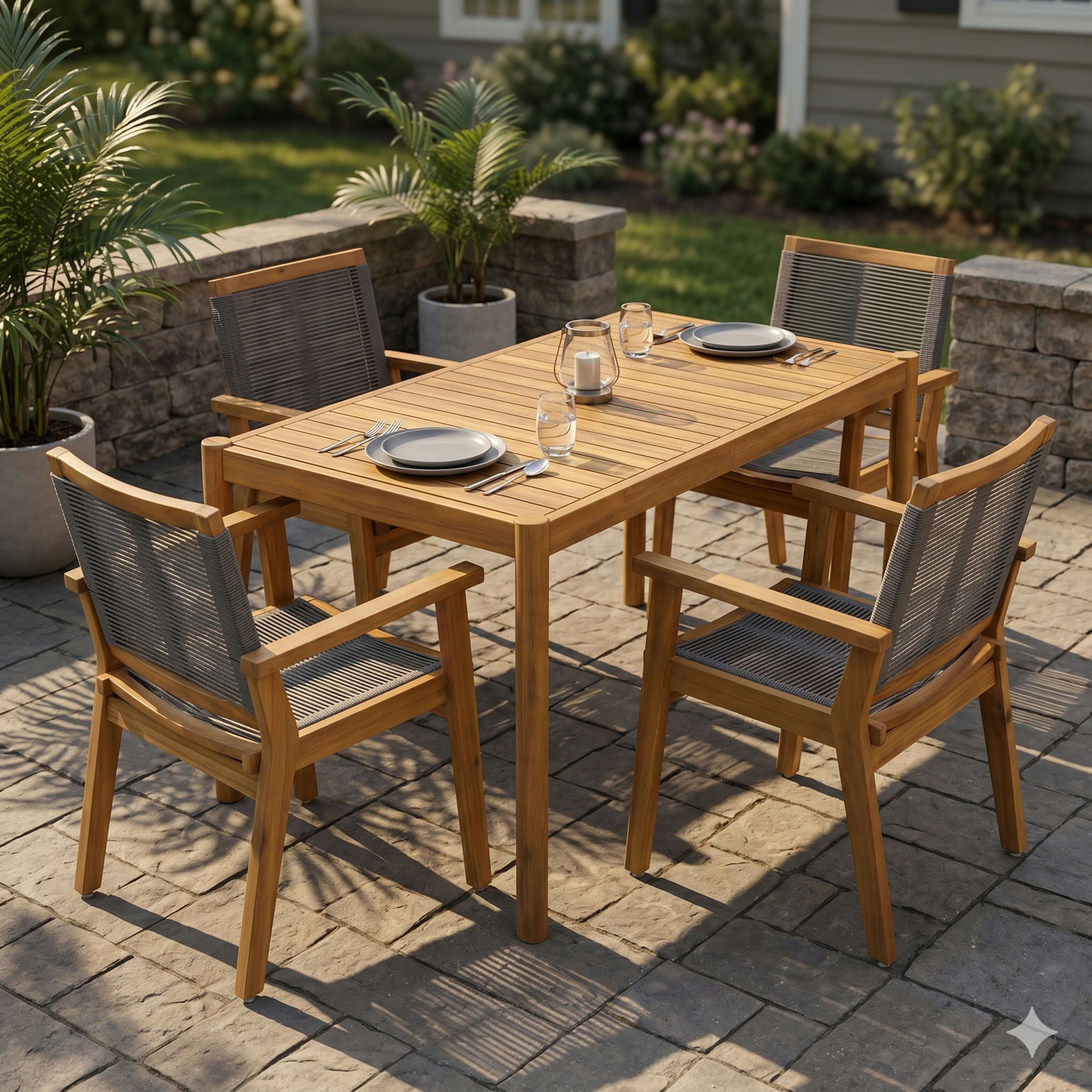 5-Piece Outdoor Acacia Wood Dining Set, 54.75" Teak Rectangular Table & 4 Dark Grey Chairs
