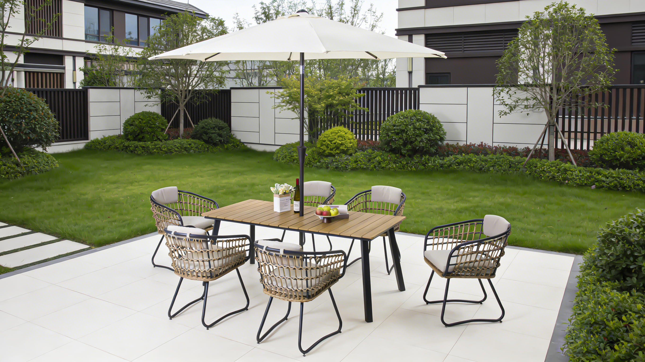 7-Piece Outdoor Wicker Dining Set with Wood-Plastic Composite Board Table