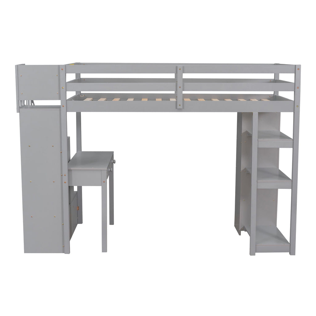 Loft Bed With Storage Drawers, Desk And Stairs With Shelves