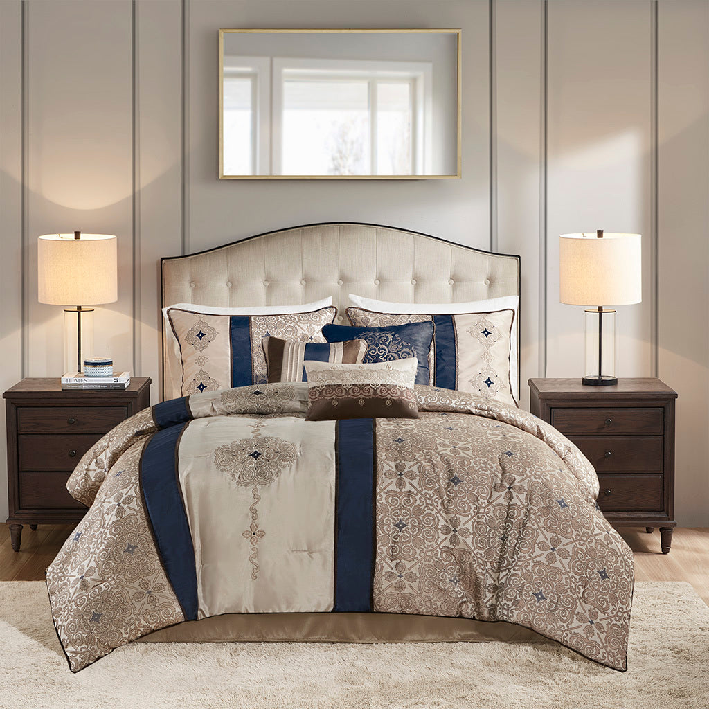 King 7 Piece Jacquard Comforter Set with Throw Pillows