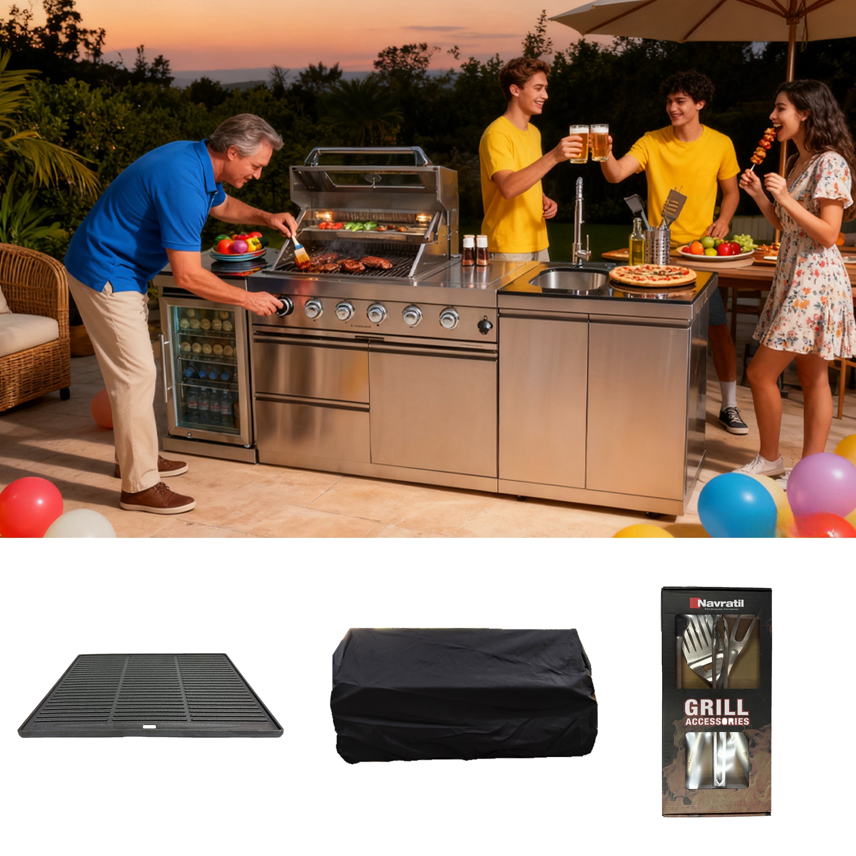 BBQ Tool Set with Cast Iron Frying Pan and Stainless Steel Accessories
