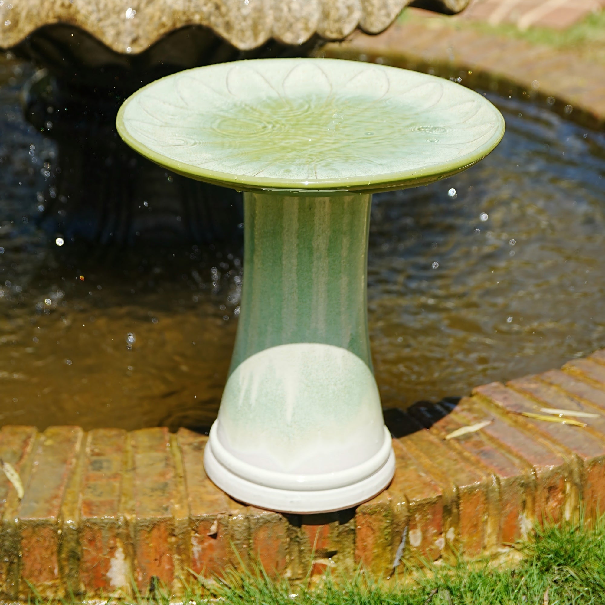 Handmade Glazed Ceramic Bird Bath with Daisy Petal Embossed Tray