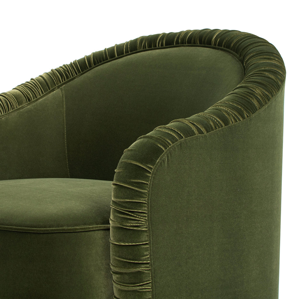 Serena 31.5" Ruched Barrel Back Accent Arm Chair with Bullion Fringe, Olive