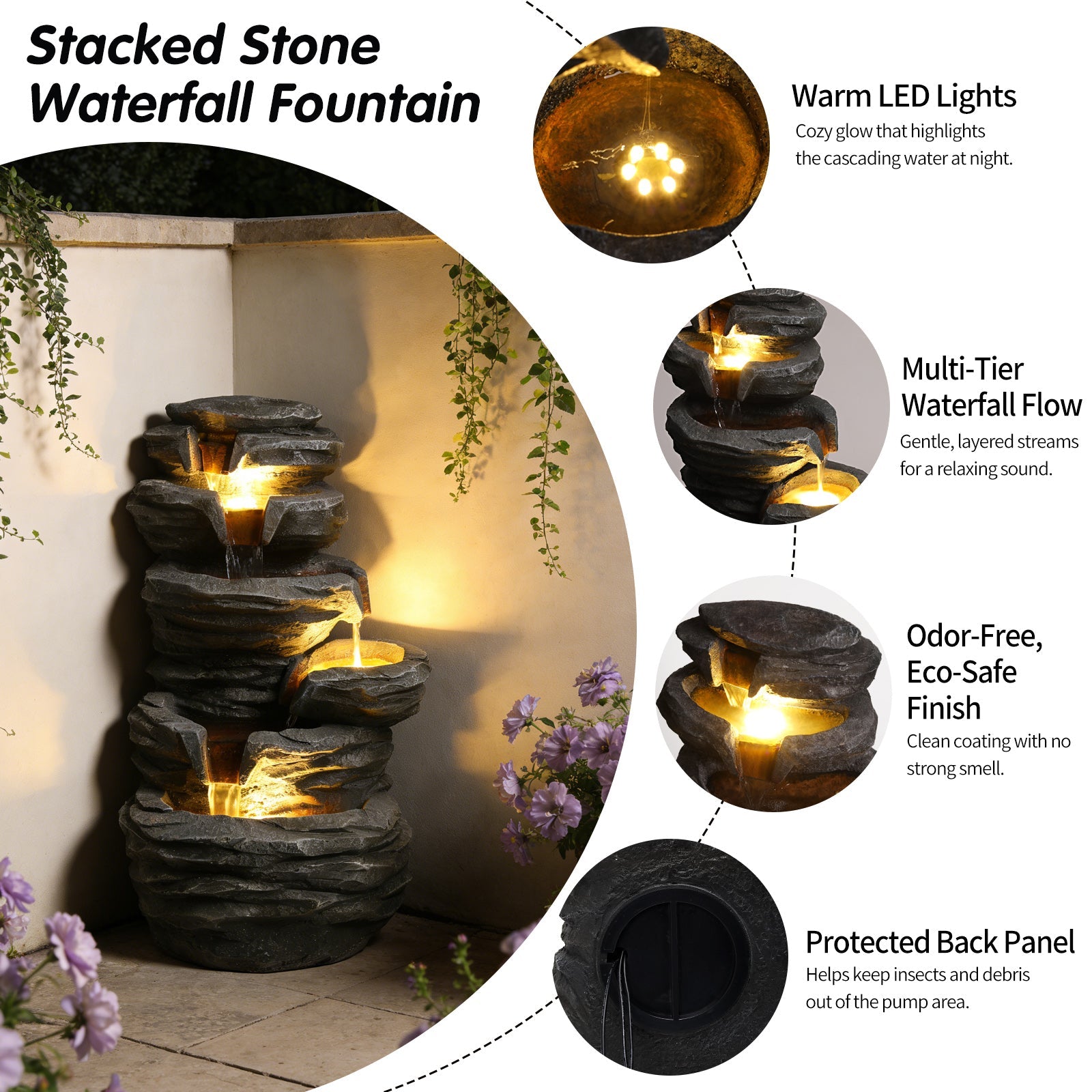 Outdoor Waterfall Fountain with Lights