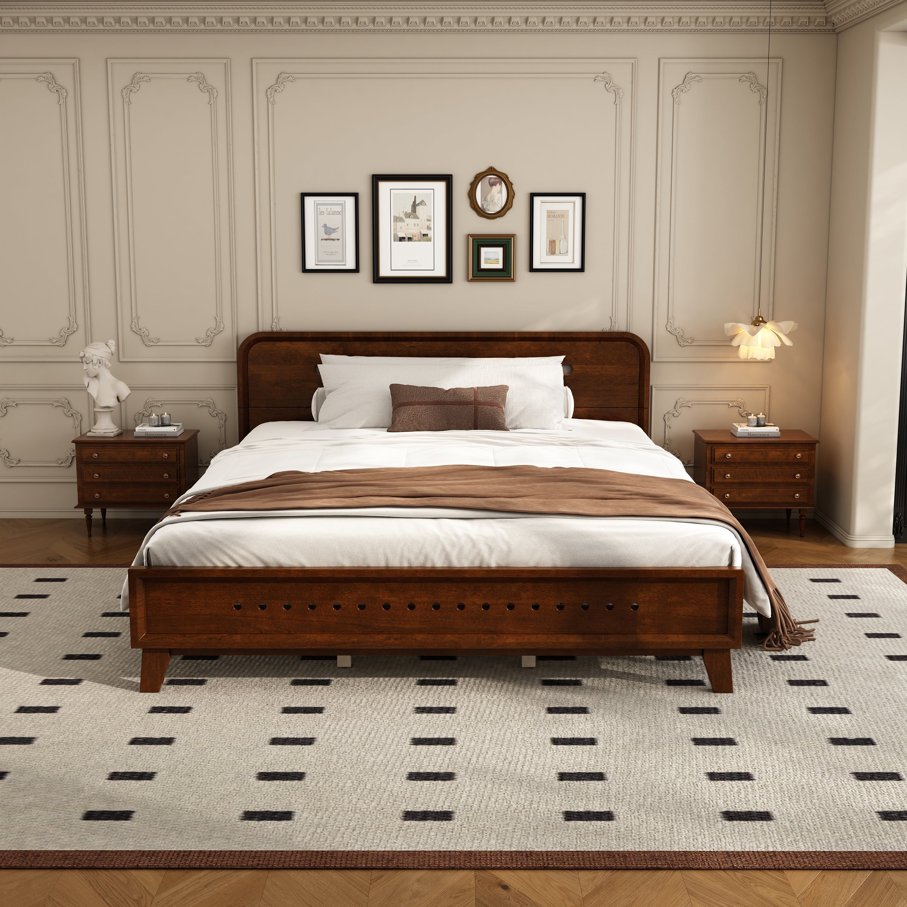 Pine Solid Wood Queen Size Bed, Dark Walnut