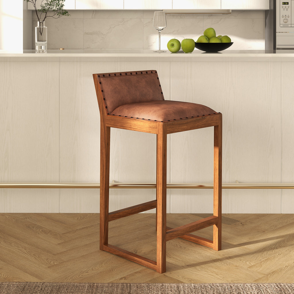 Gavin Mid-Century Modern 25'' Solid Wood Genuine Leather Counter Stool