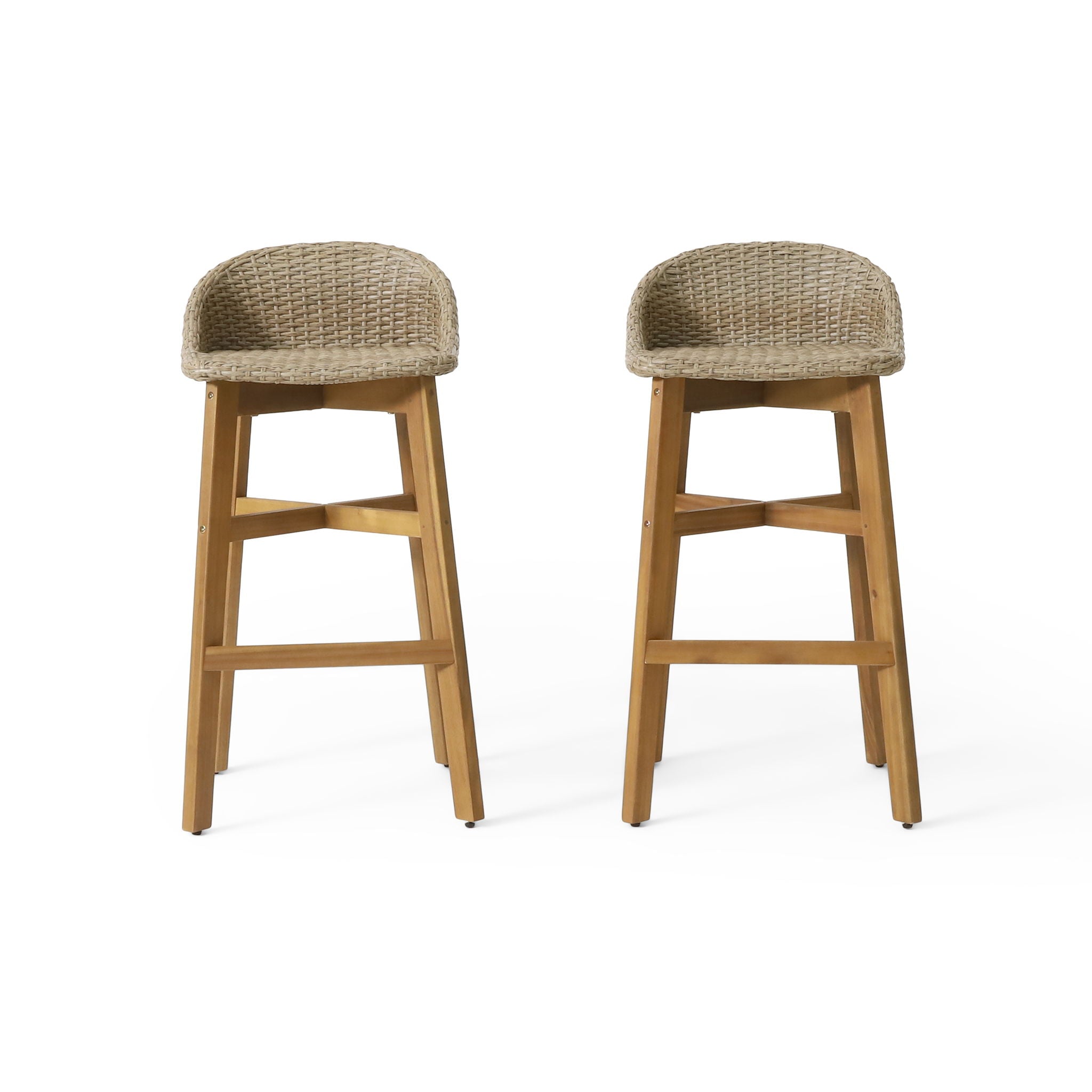Beeson Outdoor Wicker and Acacia Wood Barstools Set, Water Resistant - Brown