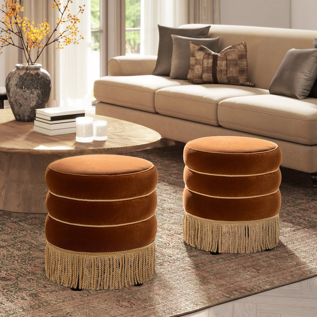 Edward 17.5" Round Upholstered Ottoman with Bullion Fringe Burnt