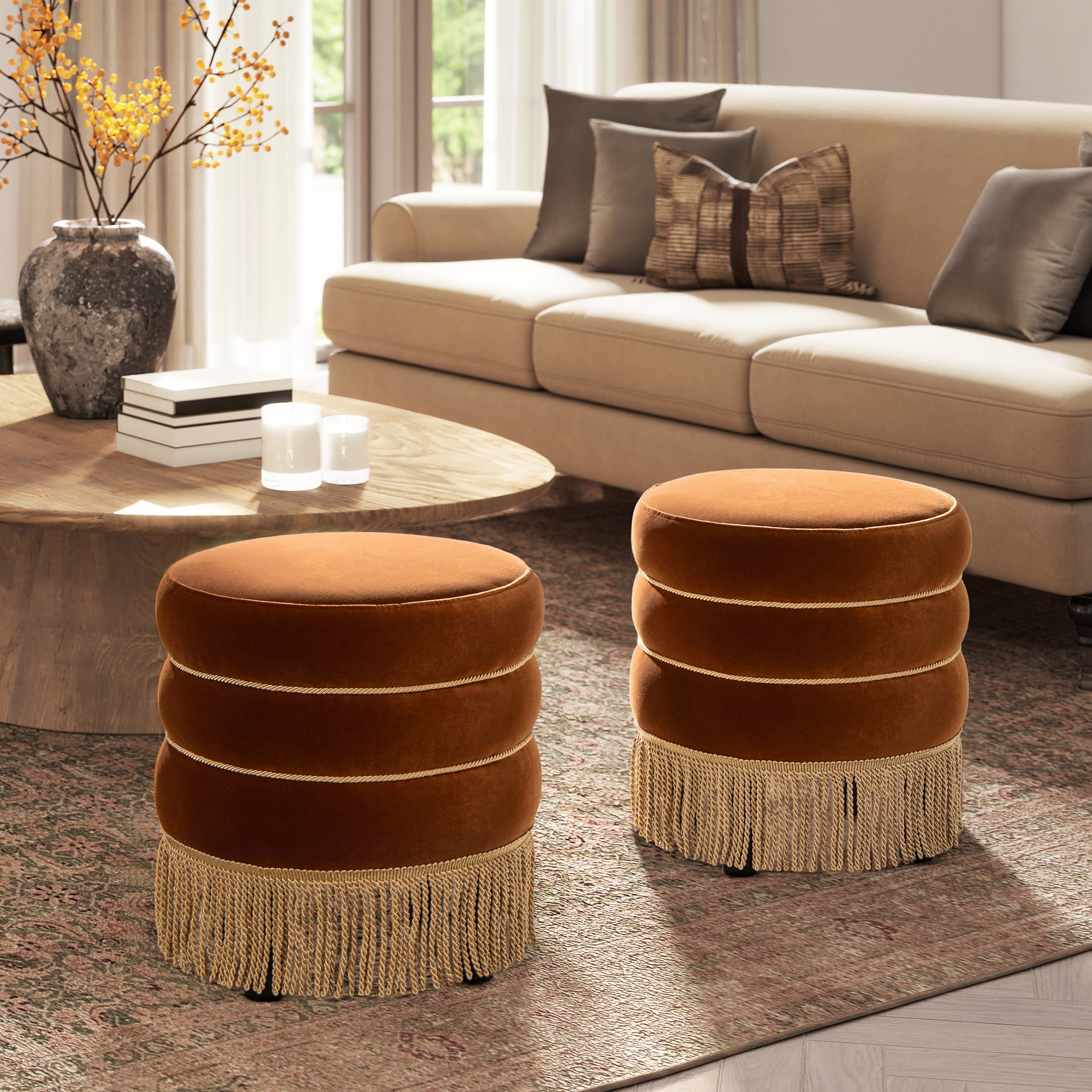 Edward 17.5" Round Upholstered Ottoman with Bullion Fringe Burnt