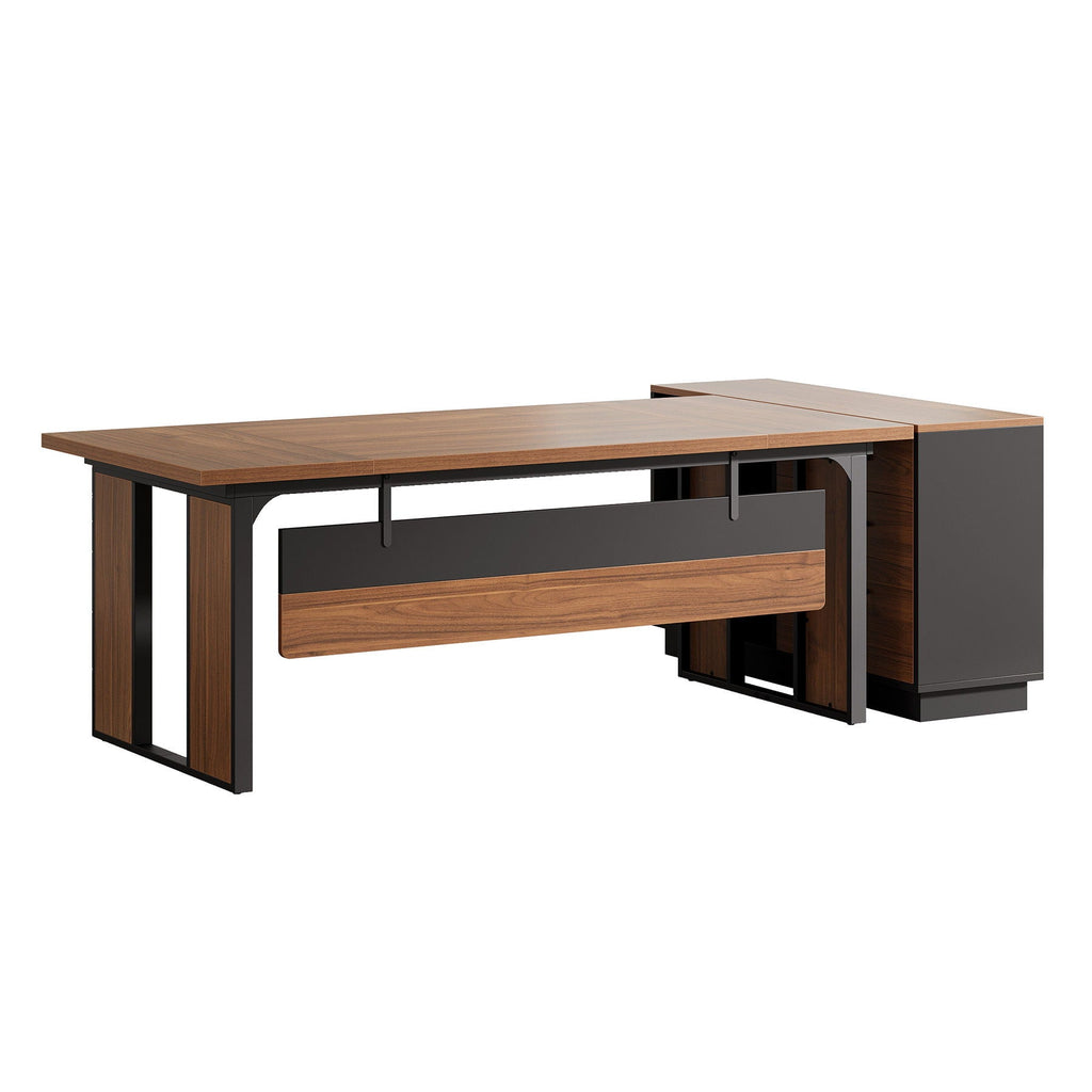 L-Shaped Executive Desk With File Cabinet, Office Computer Desk With Drawers & Open Shelves, Workstation For Home Office - Brown / Black